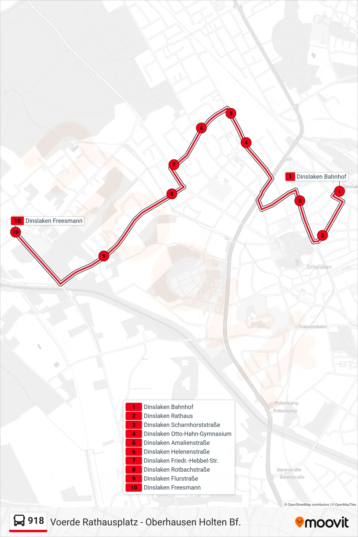 Linie 918 (Bus) Richtung Dinslaken Freesmann: Route und Haltestellen auf der Karte