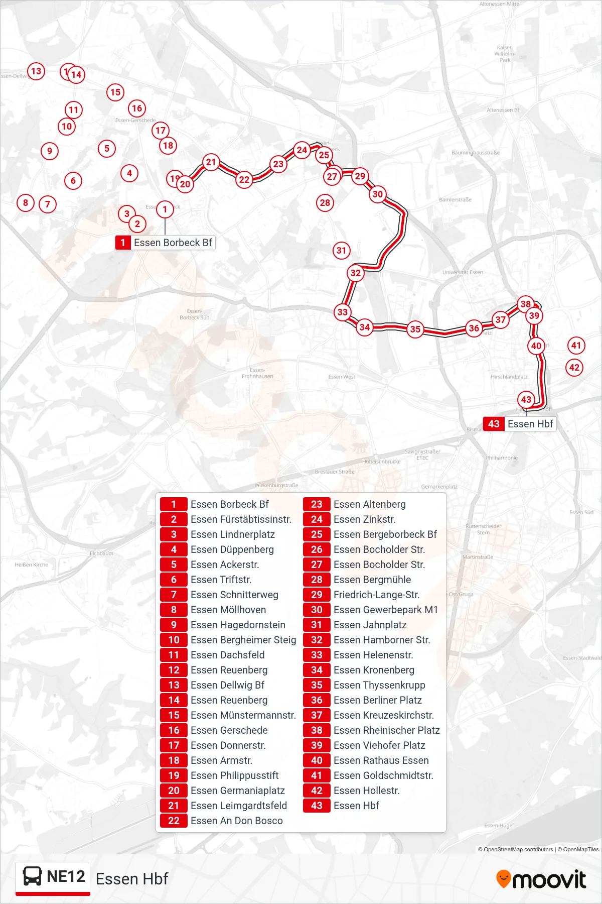 Linie NE12 (Bus) Richtung Essen Hbf: Route und Haltestellen auf der Karte