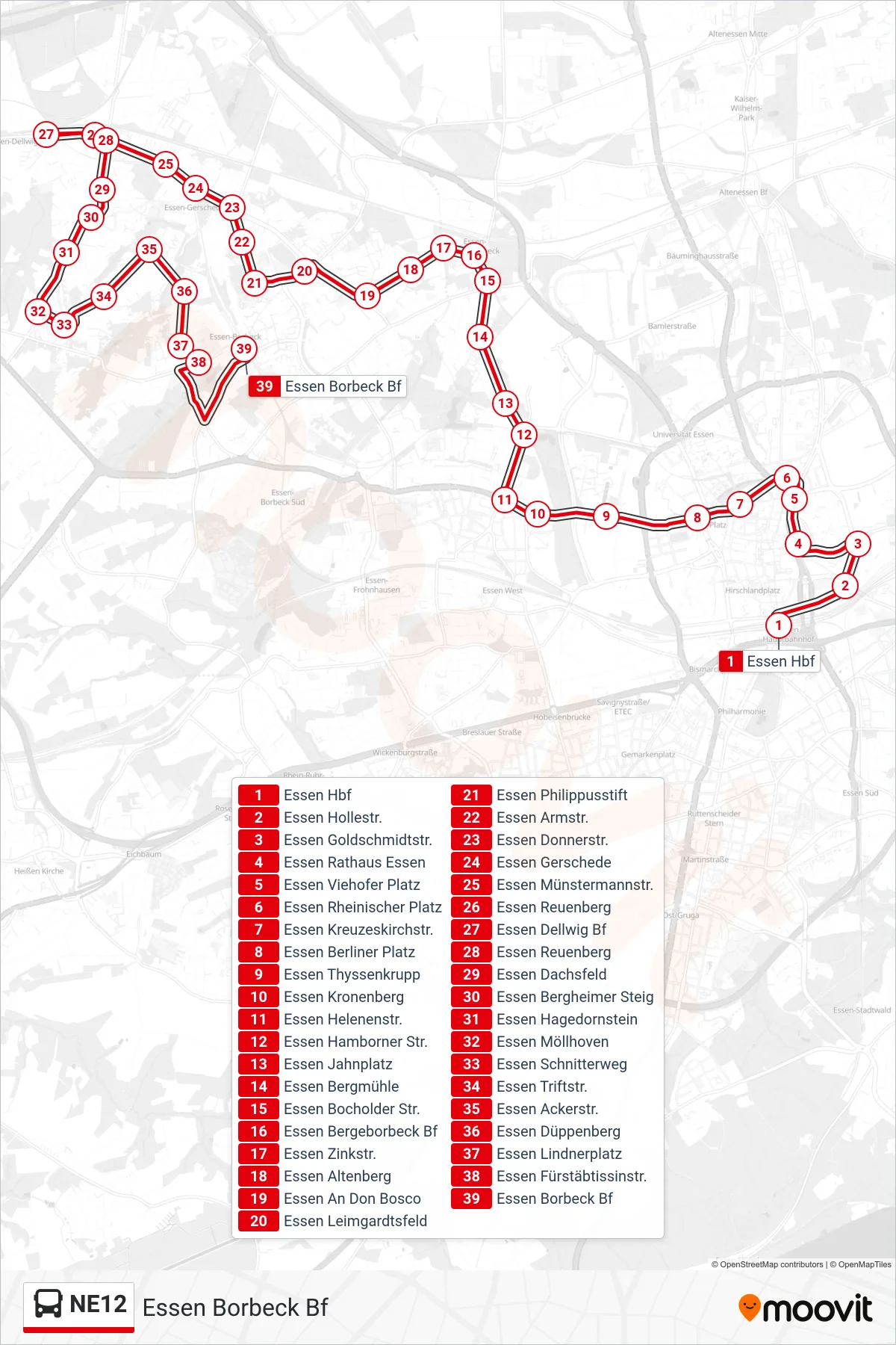 Linie NE12 (Bus) Richtung Essen Borbeck Bf: Route und Haltestellen auf der Karte