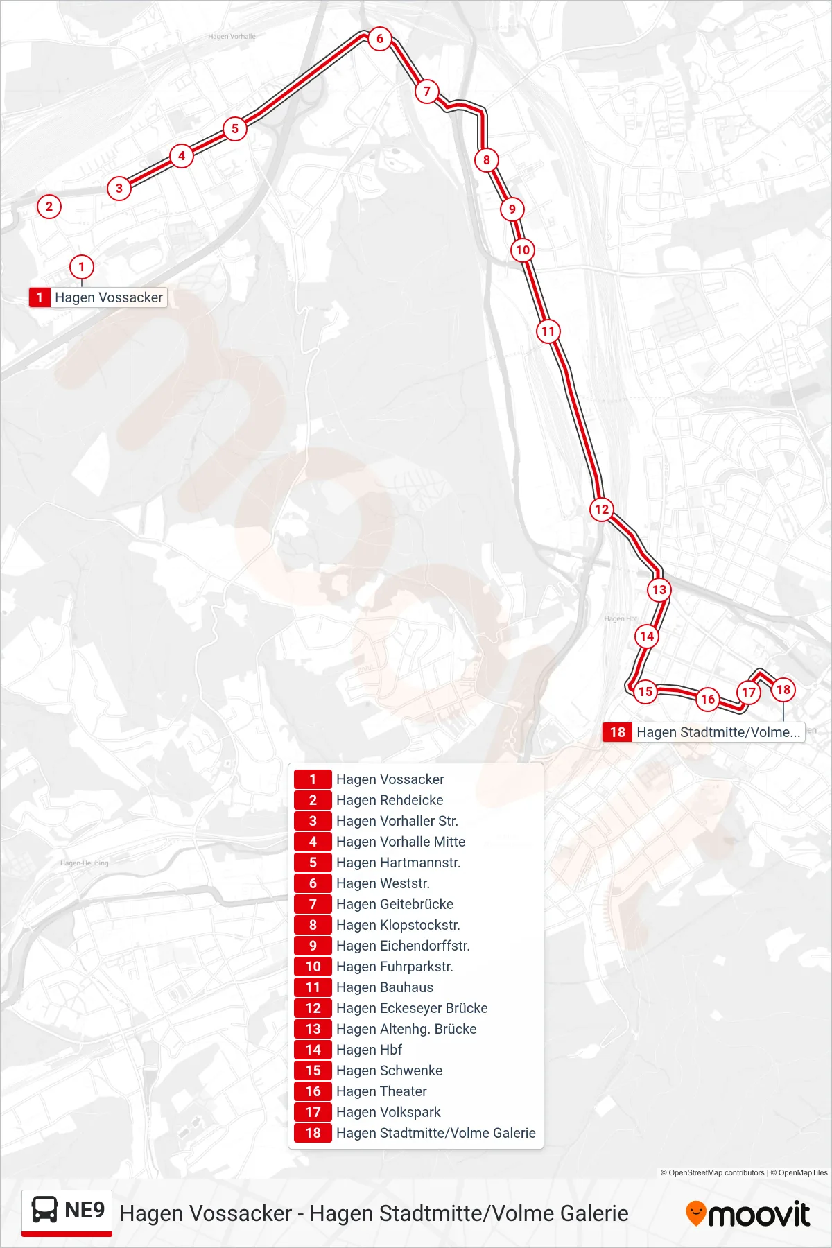 Linie NE9 (Bus) Richtung Hagen Stadtmitte/Volme Galerie: Route und Haltestellen auf der Karte