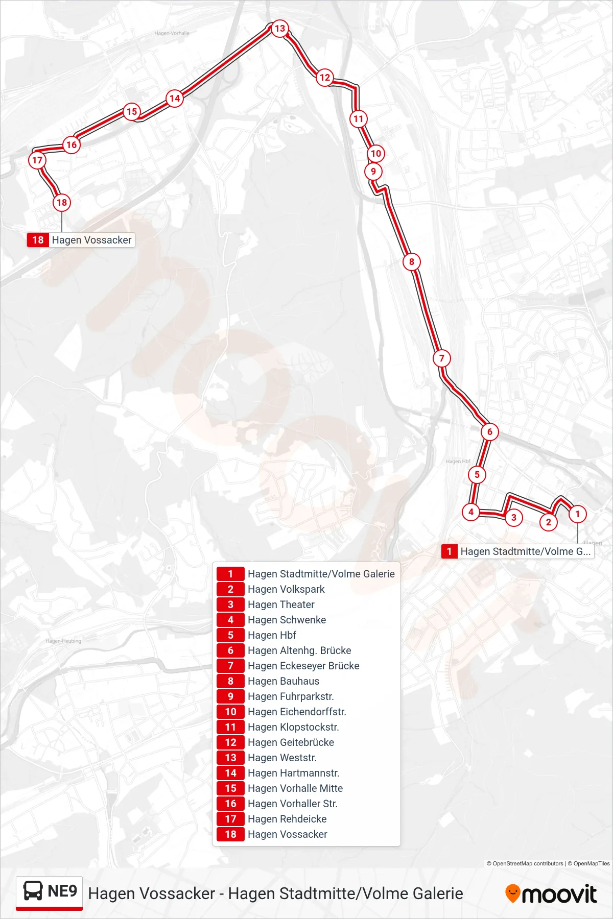 Linie NE9 (Bus) Richtung Hagen Vossacker: Route und Haltestellen auf der Karte