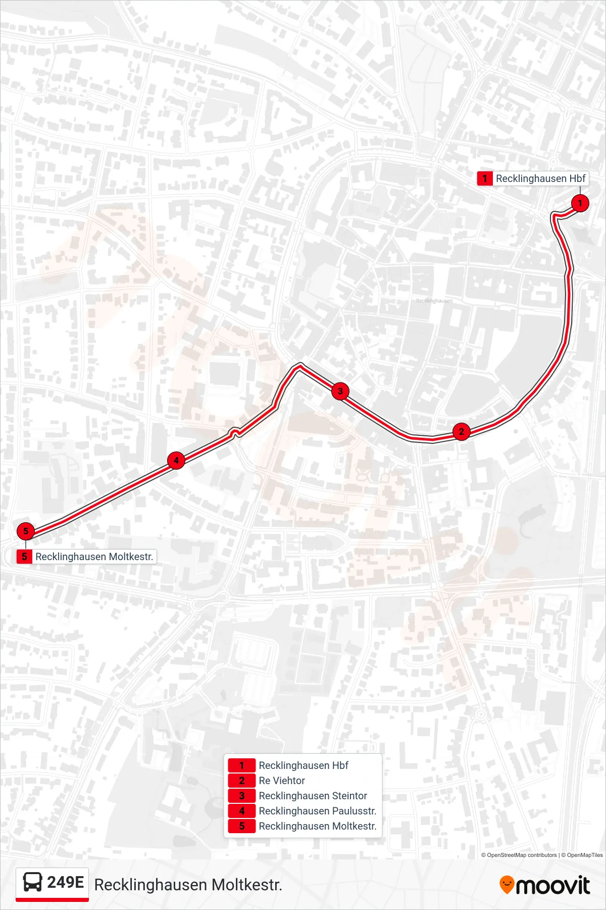 Linie 249E (Bus) Richtung Recklinghausen Moltkestr.: Route und Haltestellen auf der Karte
