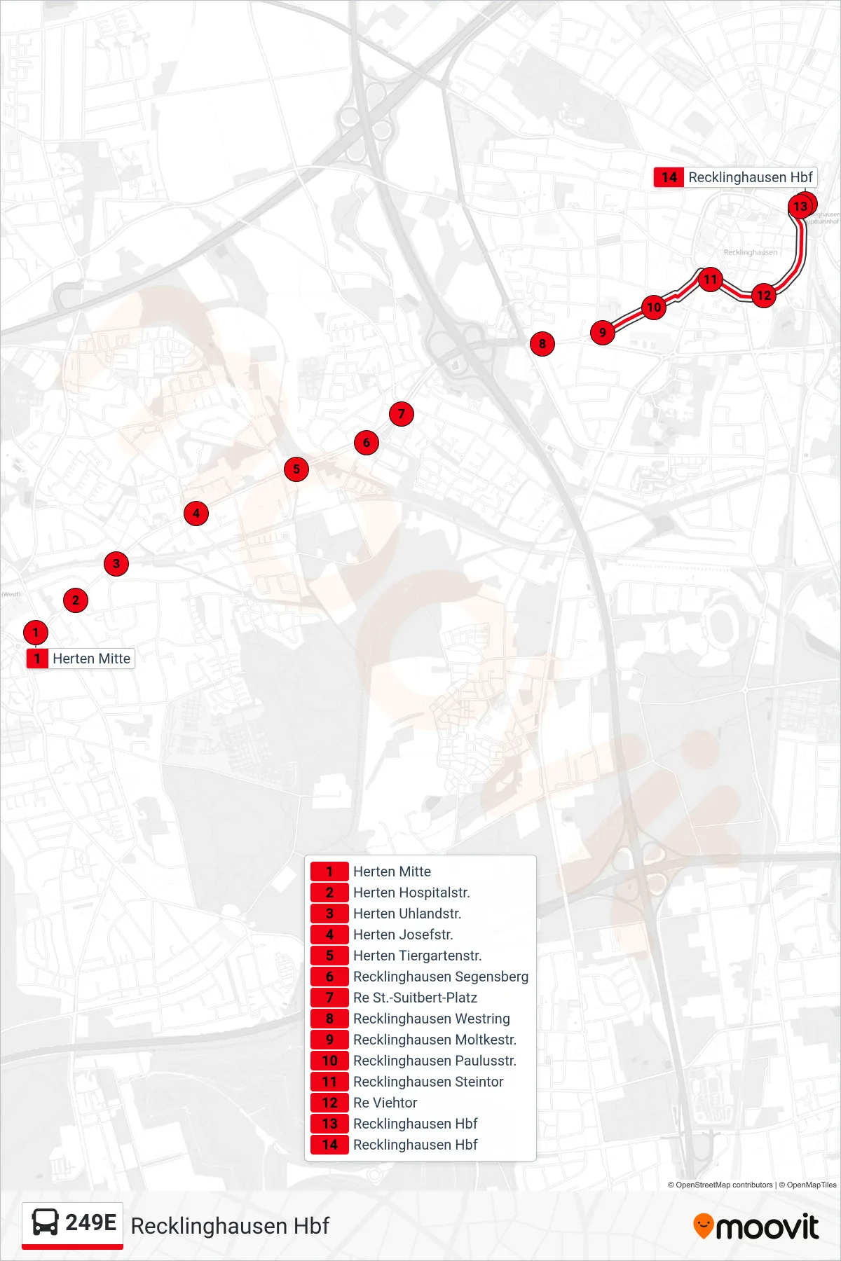 Linie 249E (Bus) Richtung Recklinghausen Hbf: Route und Haltestellen auf der Karte