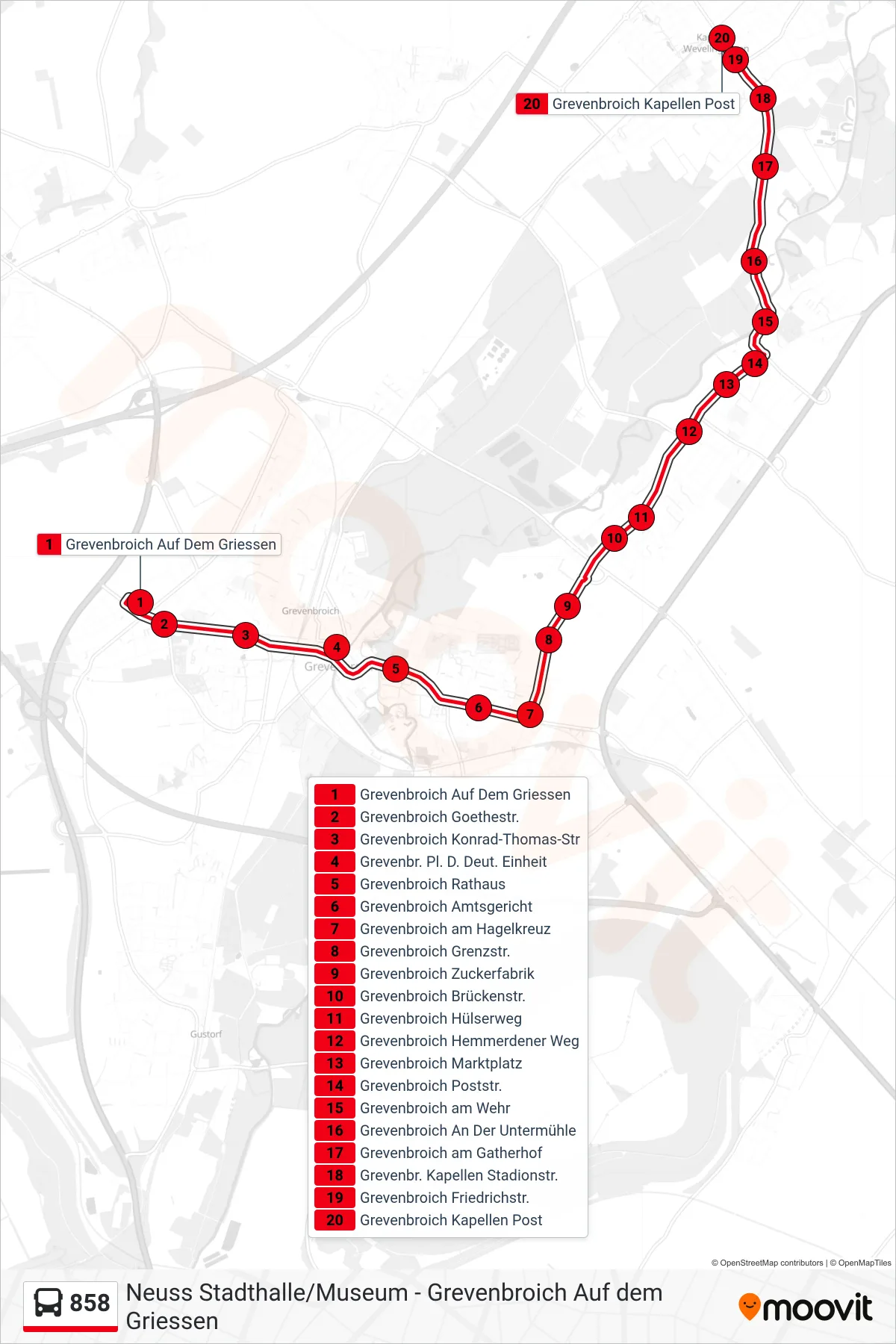 Linie 858 (Bus) Richtung Grevenbroich Kapellen Post: Route und Haltestellen auf der Karte