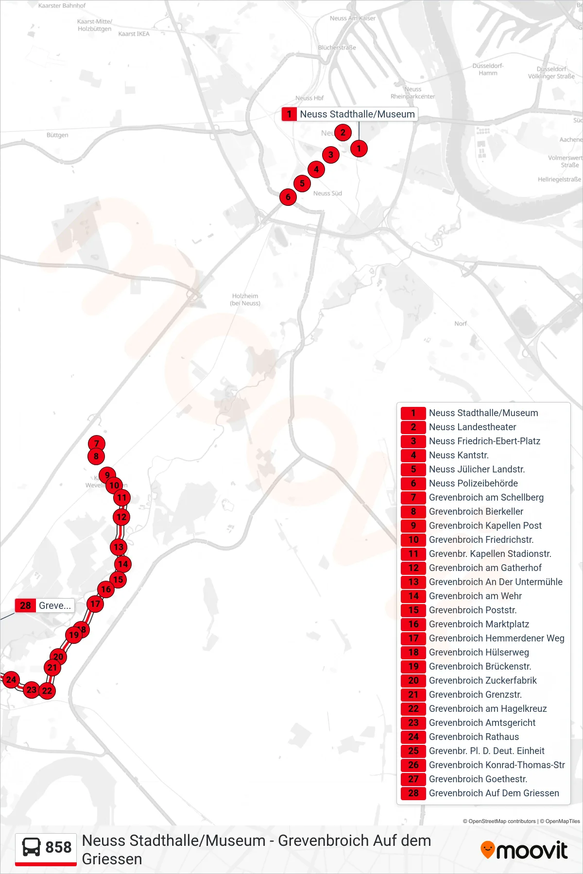 Linie 858 (Bus) Richtung Grevenbroich Auf Dem Griessen: Route und Haltestellen auf der Karte