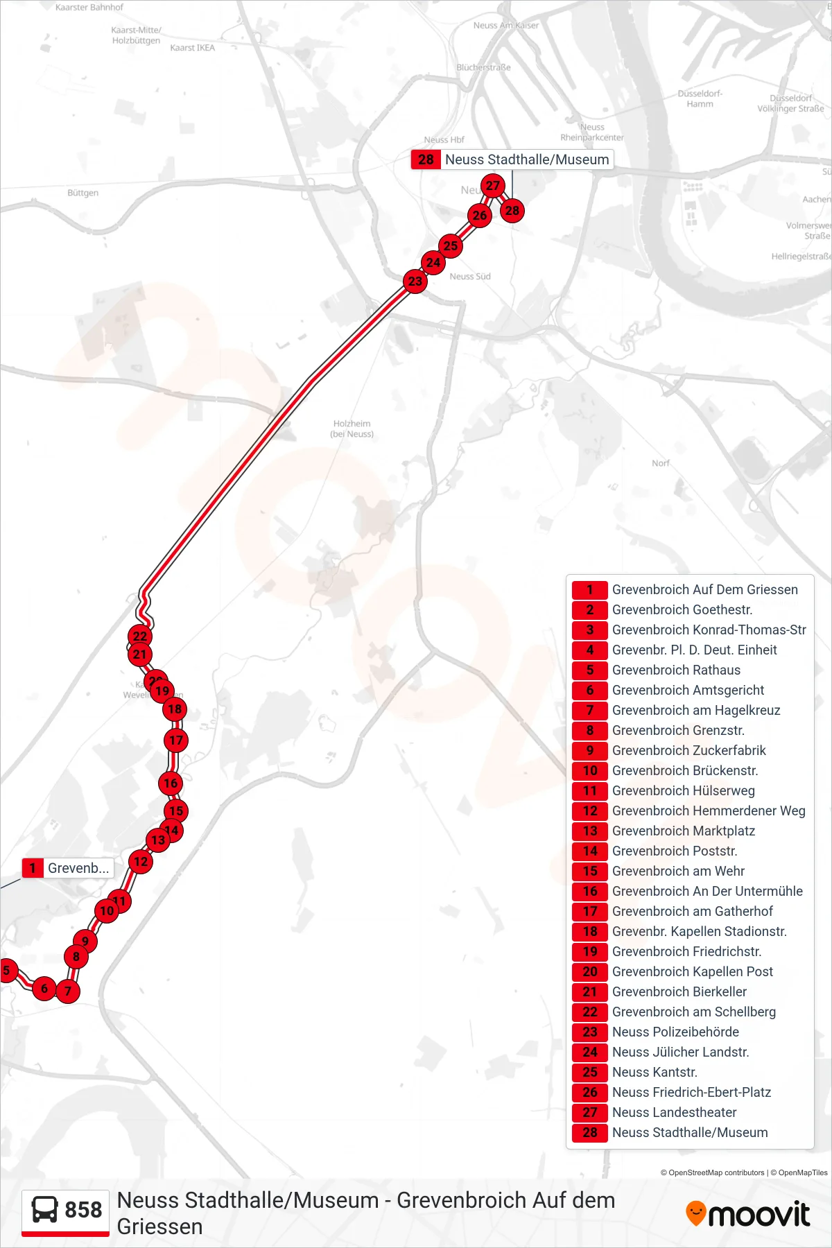 Linie 858 (Bus) Richtung Neuss Stadthalle/Museum: Route und Haltestellen auf der Karte