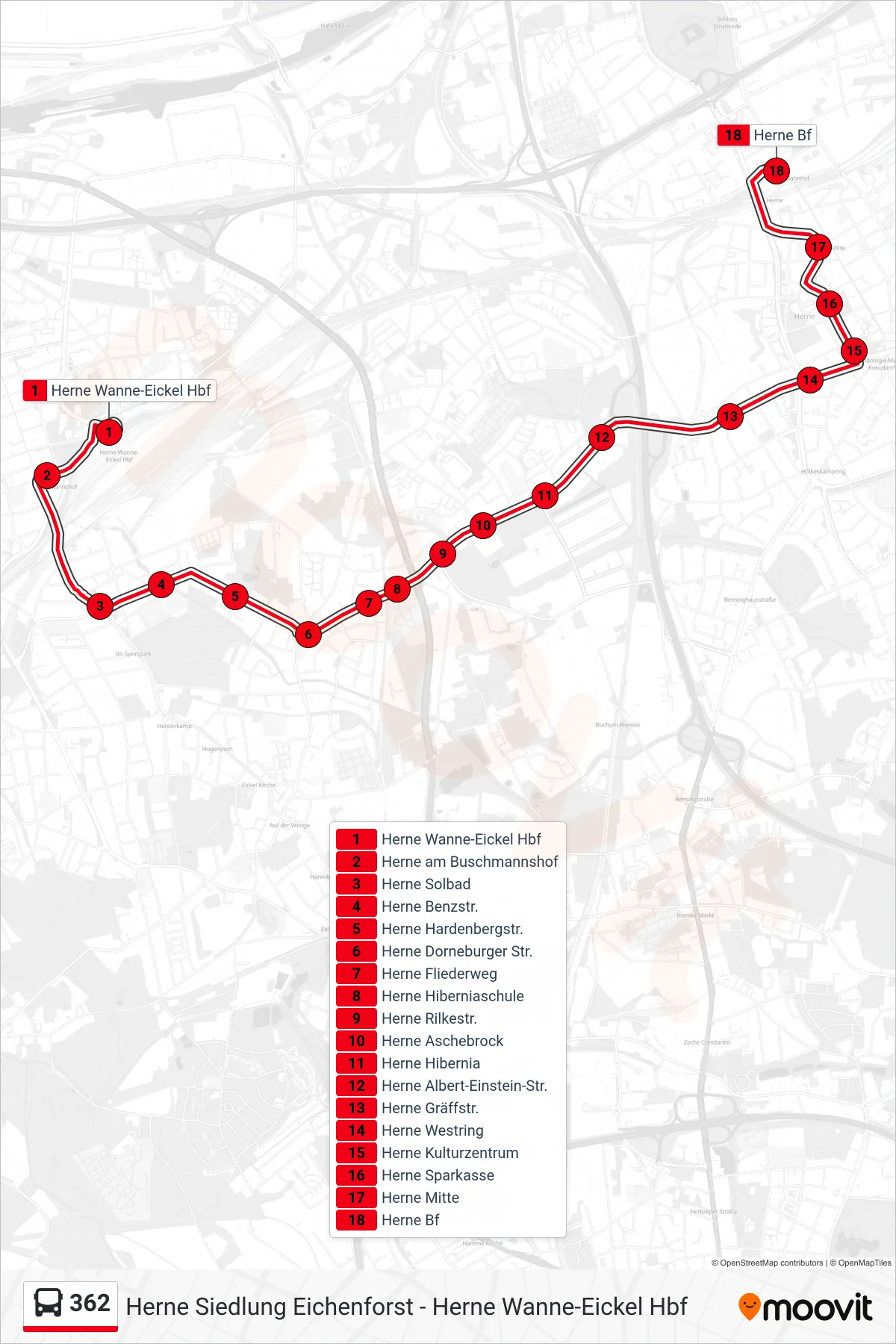 362 bus Line (Herne Bf) route and stops on a map