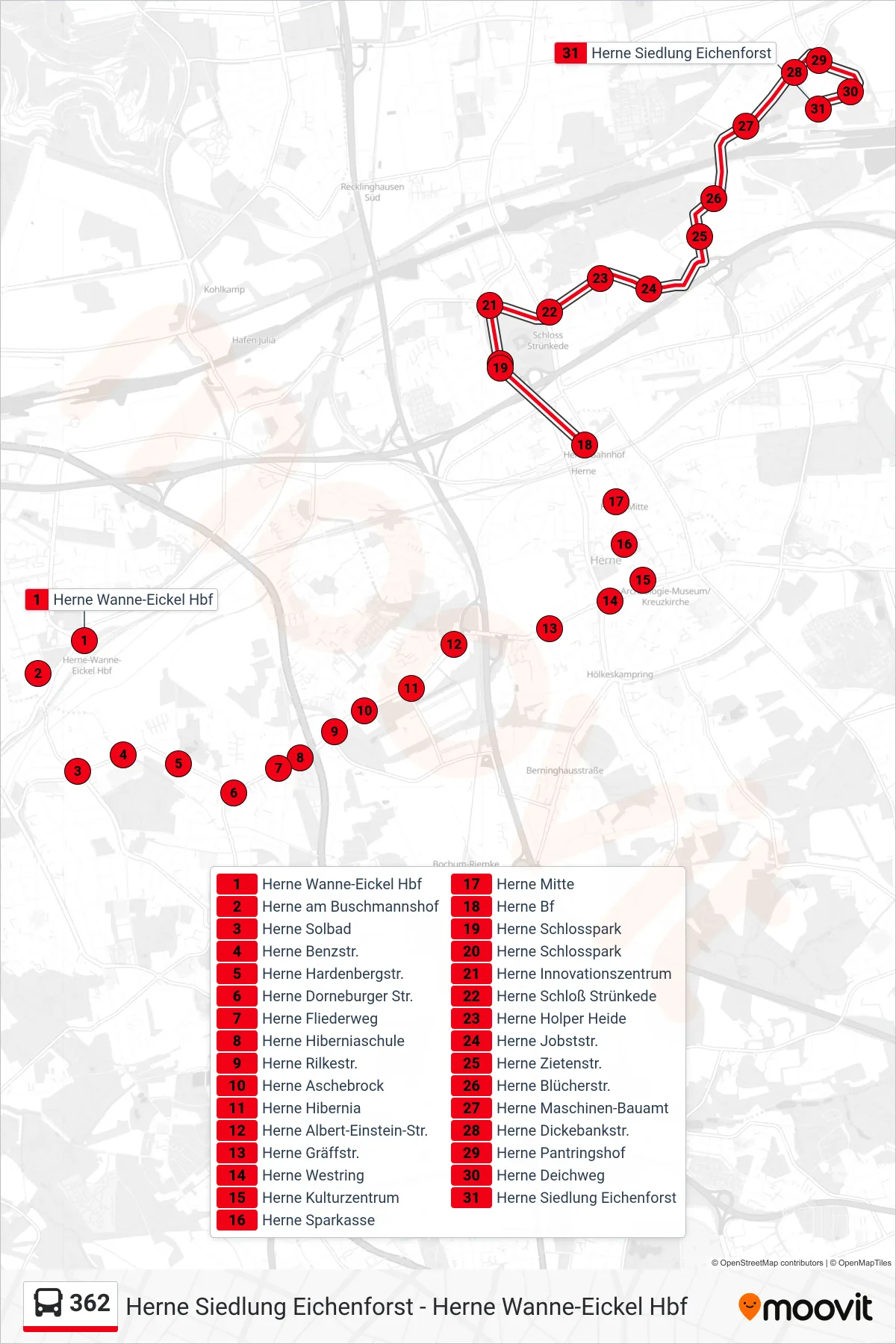 Linie 362 (Bus) Richtung Herne Siedlung Eichenforst: Route und Haltestellen auf der Karte
