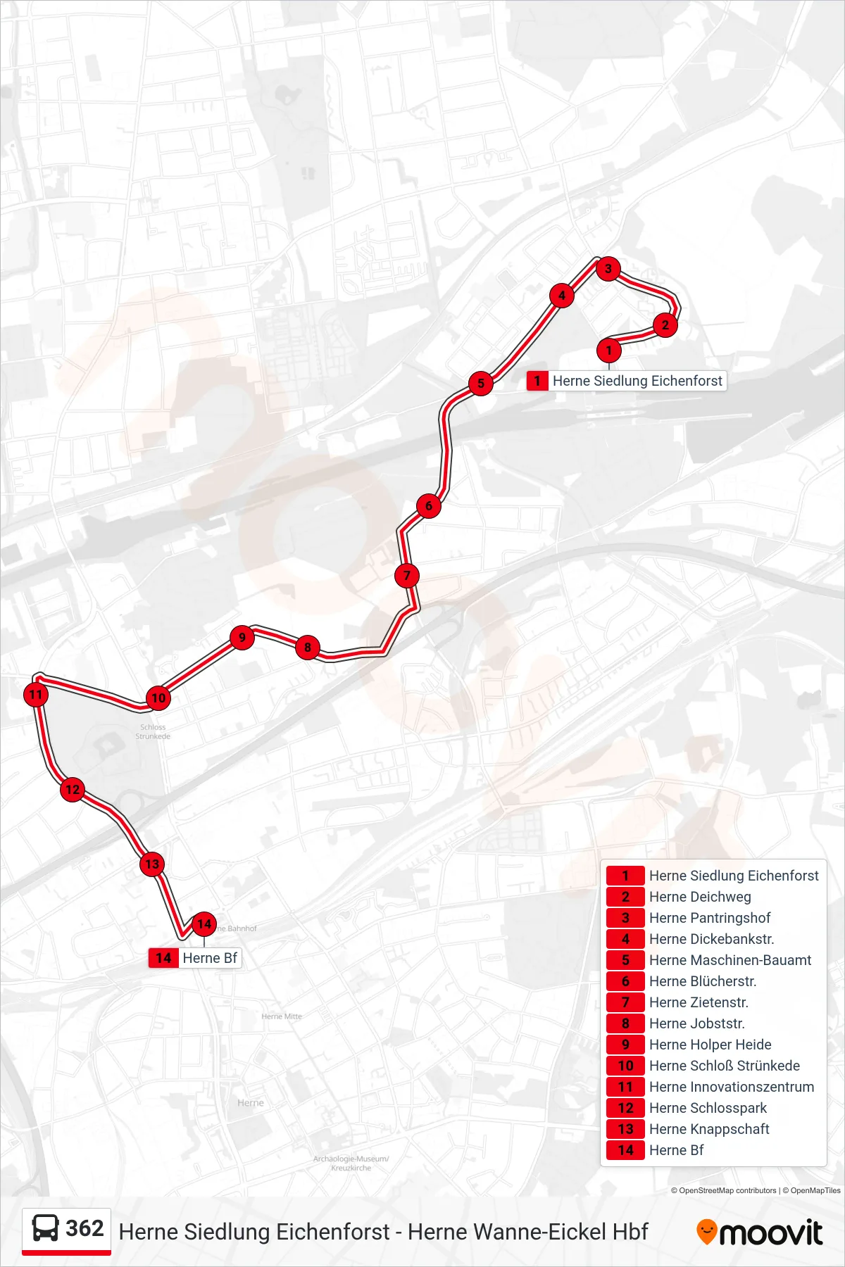 362 bus Line (Herne Bf) route and stops on a map