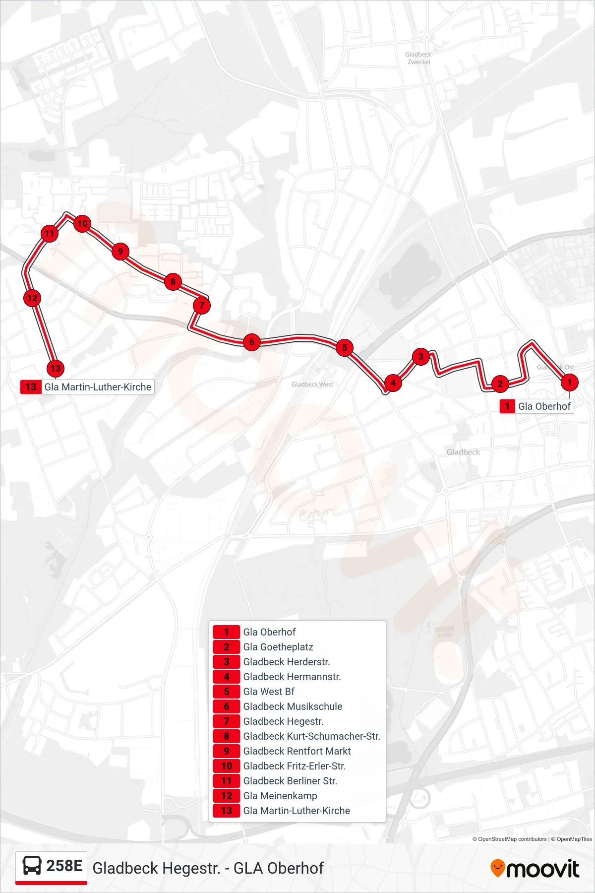 Linie 258E (Bus) Richtung Gla Martin-Luther-Kirche: Route und Haltestellen auf der Karte