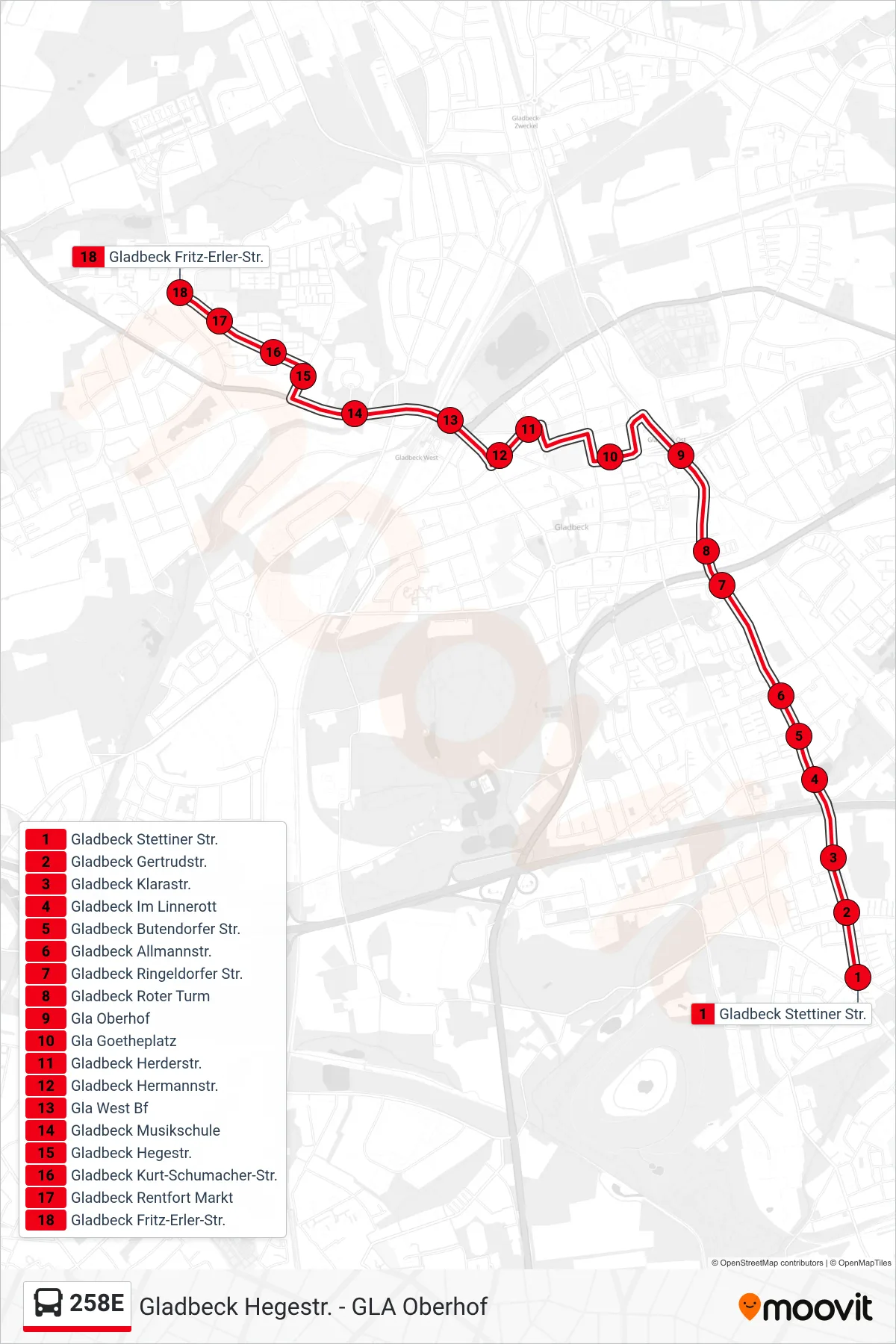 258E bus Line (Gladbeck Fritz-Erler-Str.) route and stops on a map