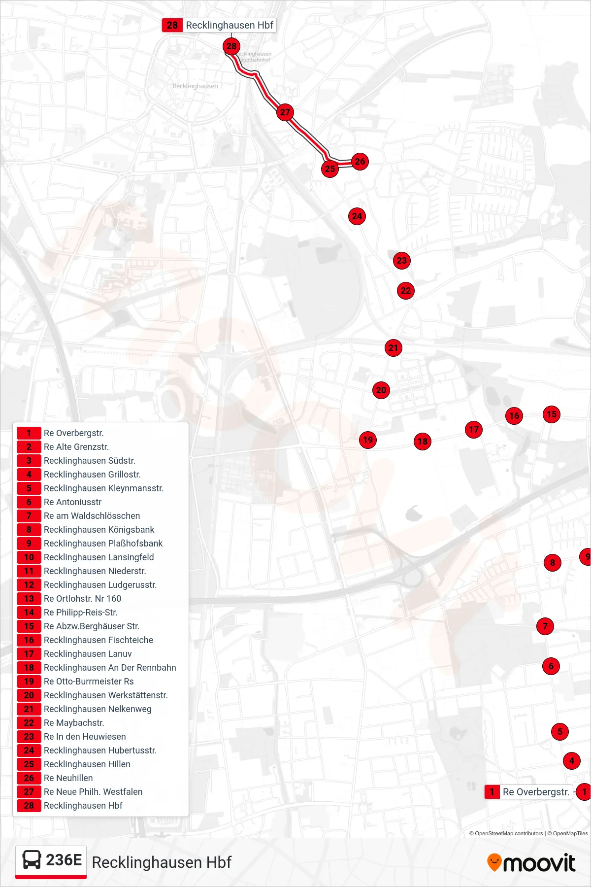 Linie 236E (Bus) Richtung Recklinghausen Hbf: Route und Haltestellen auf der Karte