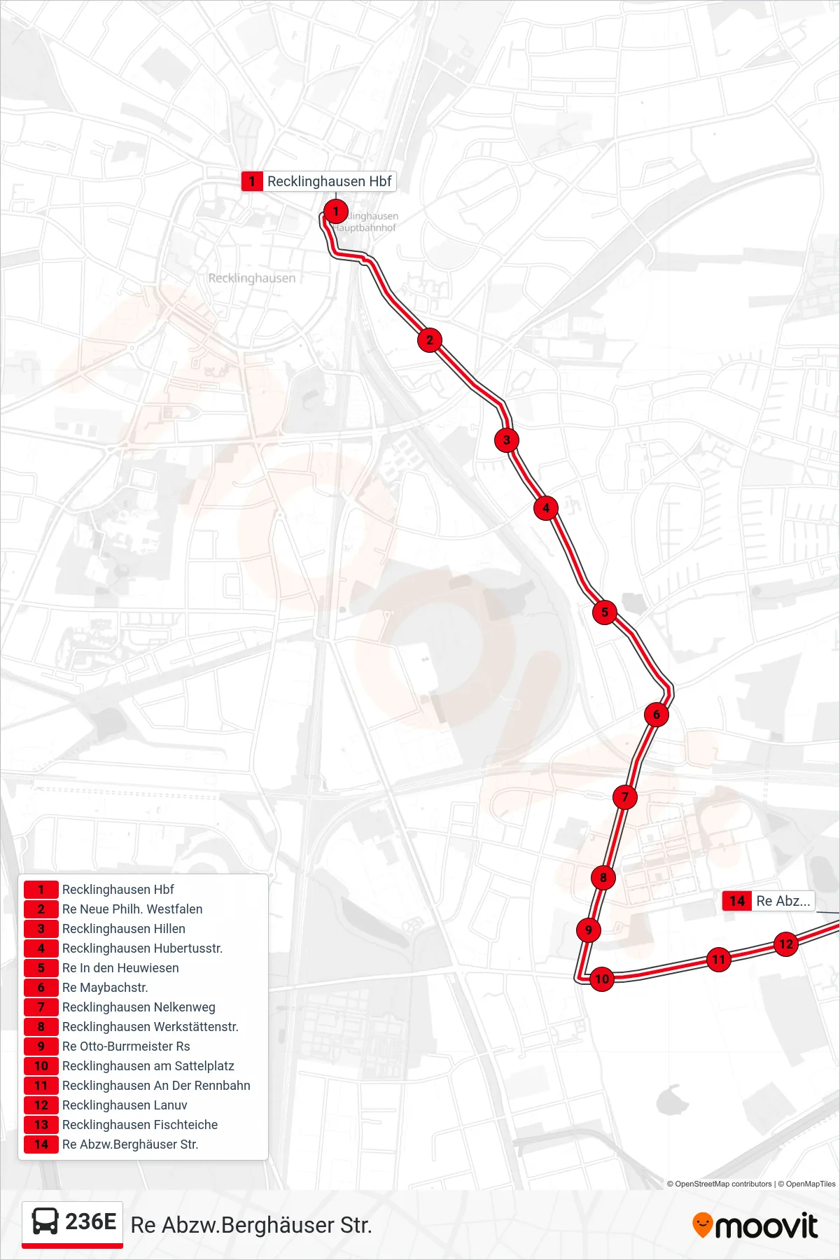 Linie 236E (Bus) Richtung Re Abzw.Berghäuser Str.: Route und Haltestellen auf der Karte