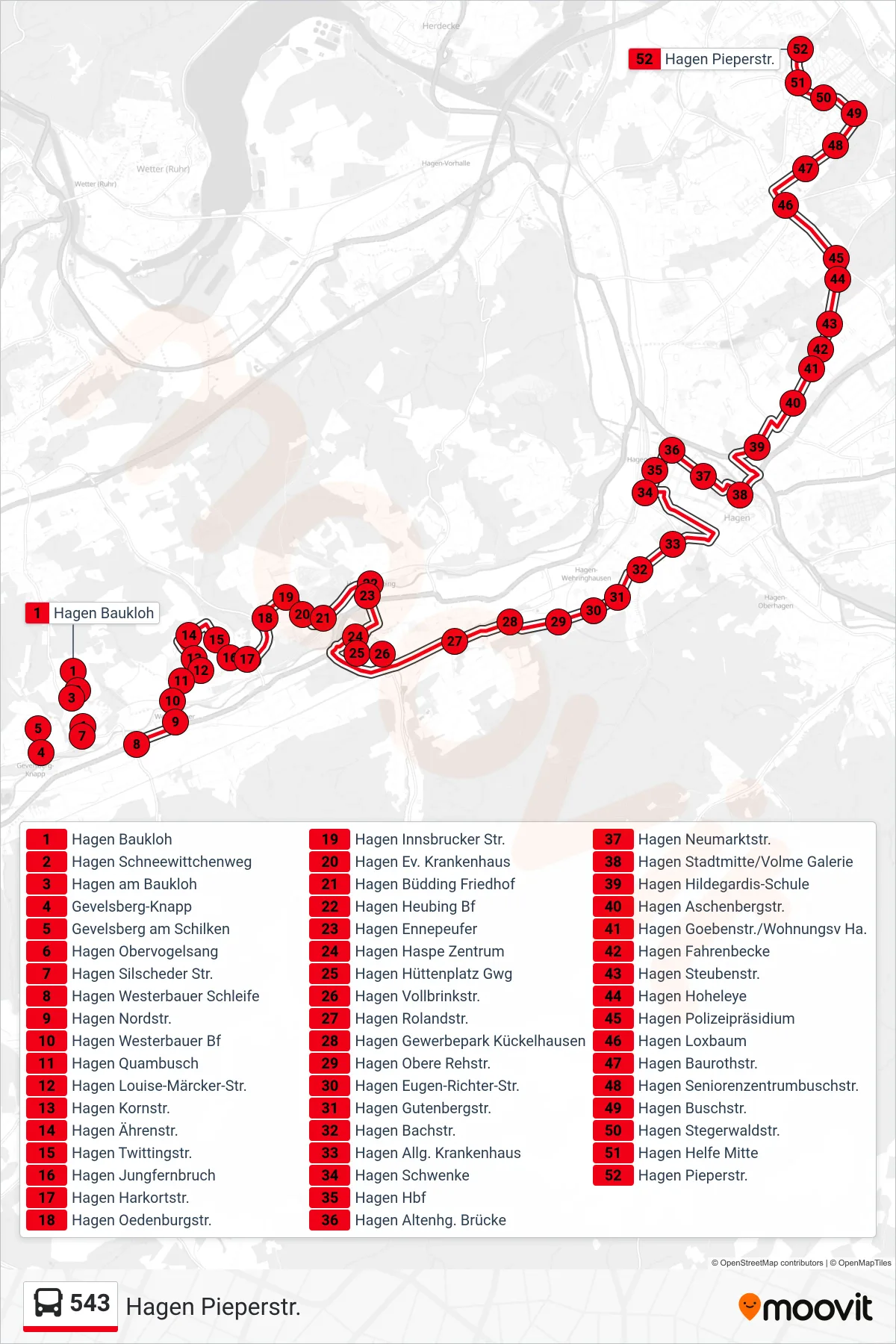 Linie 543 (Bus) Richtung Hagen Pieperstr.: Route und Haltestellen auf der Karte