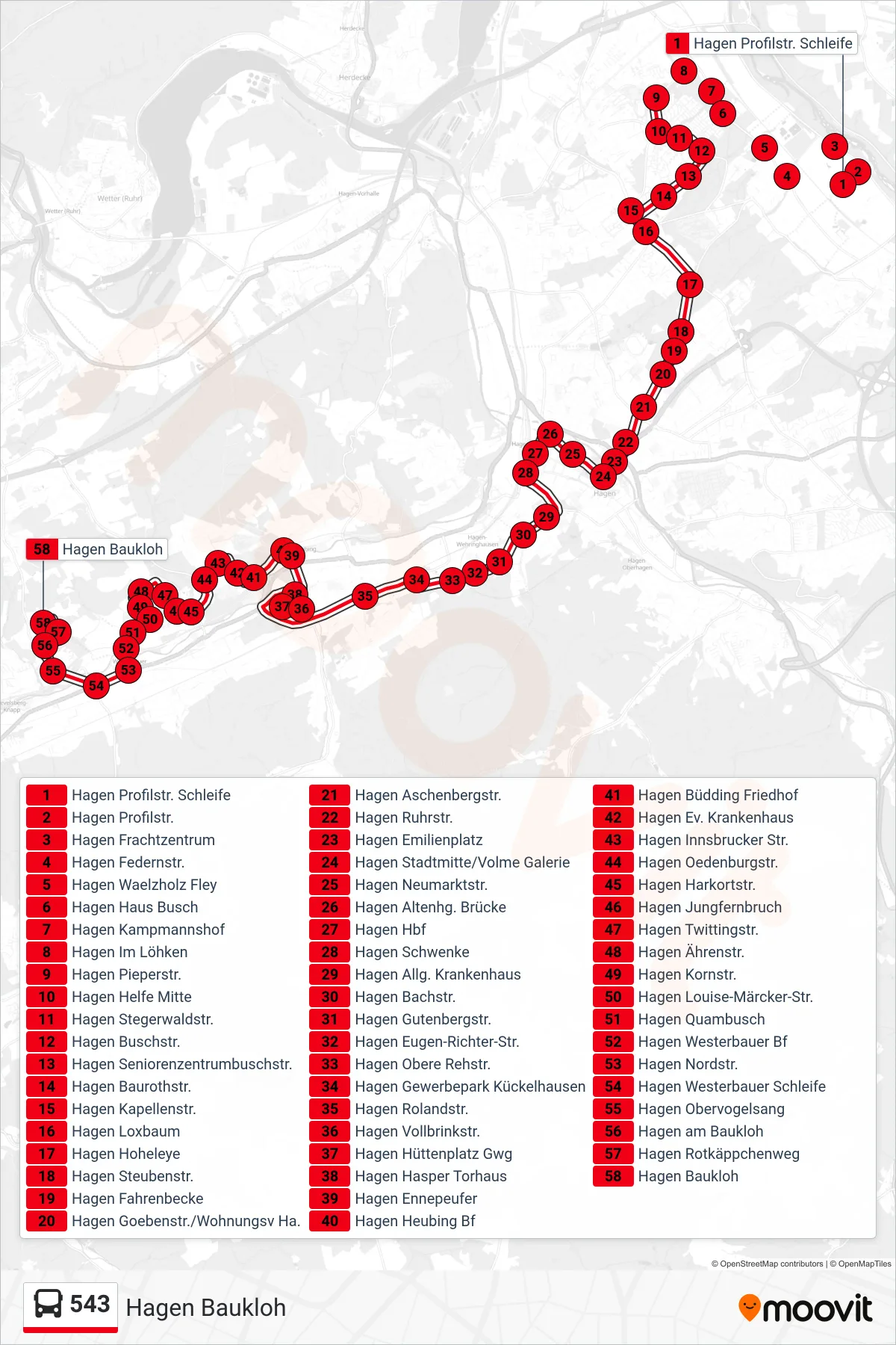 543 bus Line (Hagen Baukloh) route and stops on a map