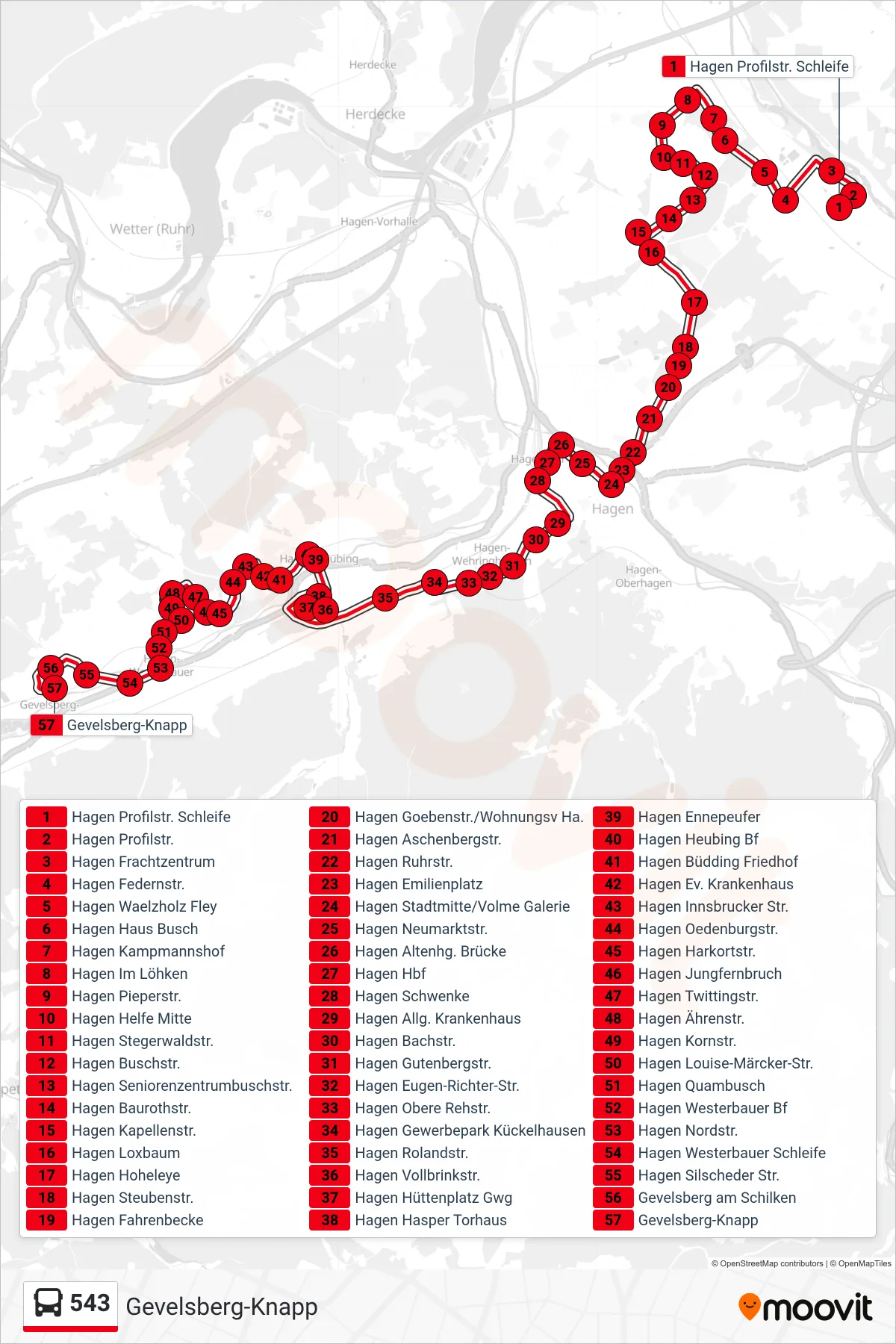 Linie 543 (Bus) Richtung Gevelsberg-Knapp: Route und Haltestellen auf der Karte