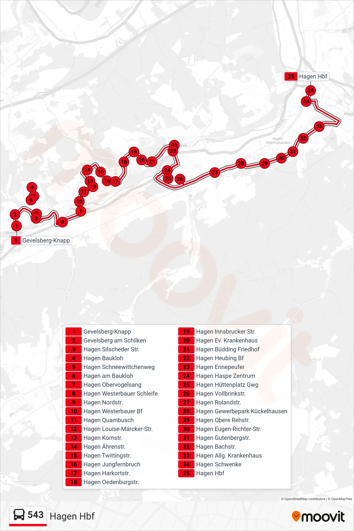 Linie 543 (Bus) Richtung Hagen Hbf: Route und Haltestellen auf der Karte