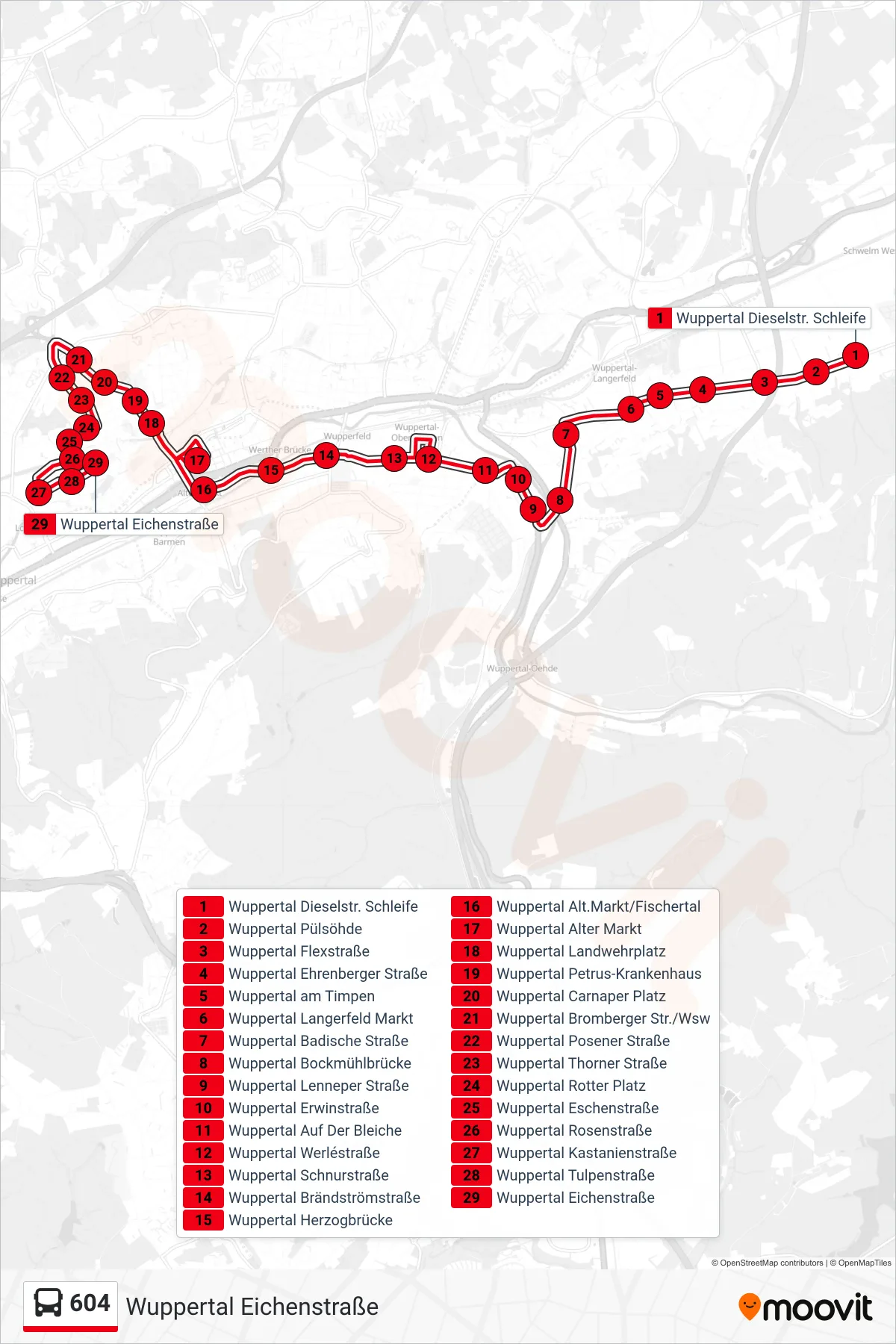 Linie 604 (Bus) Richtung Wuppertal Eichenstraße: Route und Haltestellen auf der Karte