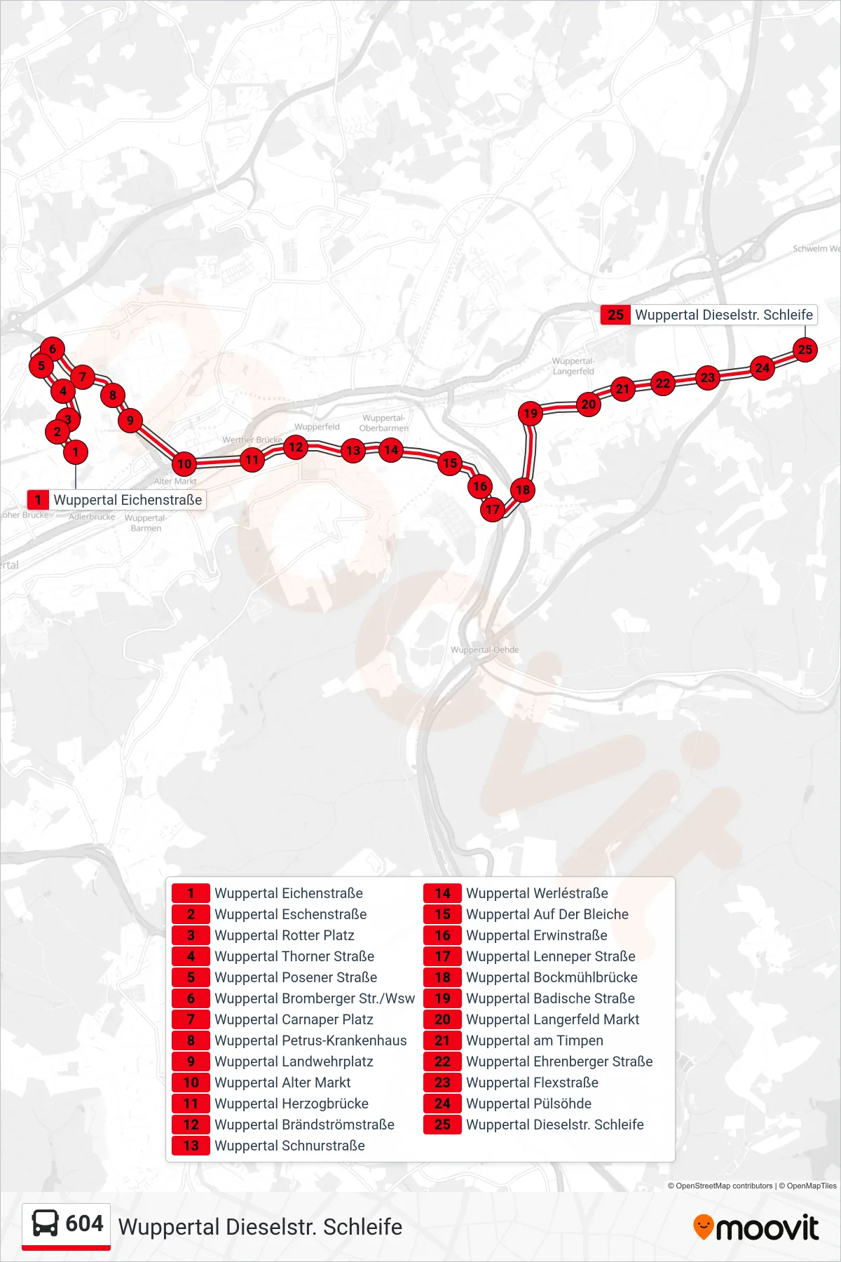 Linie 604 (Bus) Richtung Wuppertal Dieselstr. Schleife: Route und Haltestellen auf der Karte
