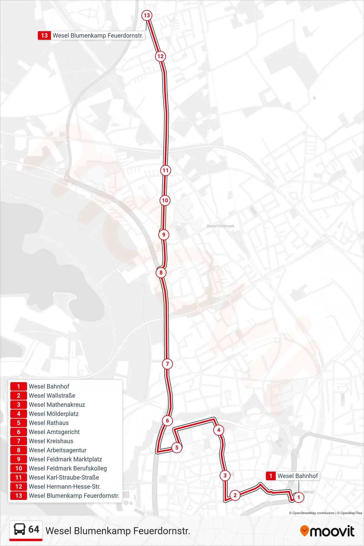 Linie 64 (Bus) Richtung Wesel Blumenkamp Feuerdornstr.: Route und Haltestellen auf der Karte