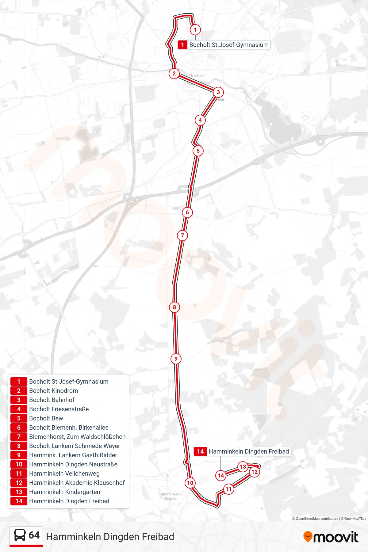 64 bus Line (Hamminkeln Dingden Freibad) route and stops on a map