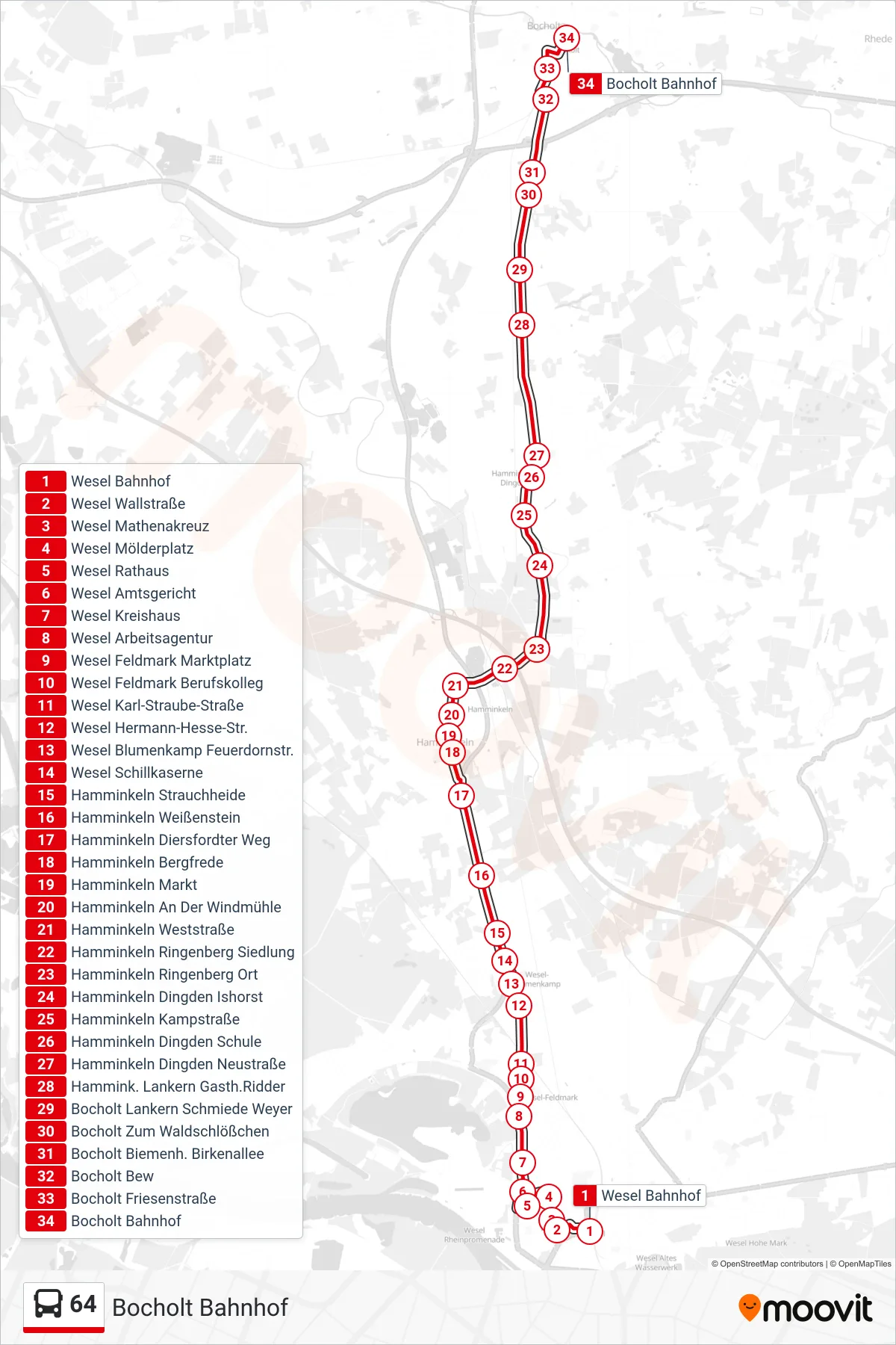 Linie 64 (Bus) Richtung Bocholt Bahnhof: Route und Haltestellen auf der Karte