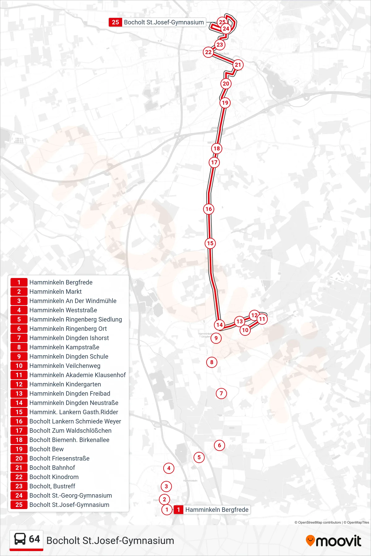Linie 64 (Bus) Richtung Bocholt St.Josef-Gymnasium: Route und Haltestellen auf der Karte