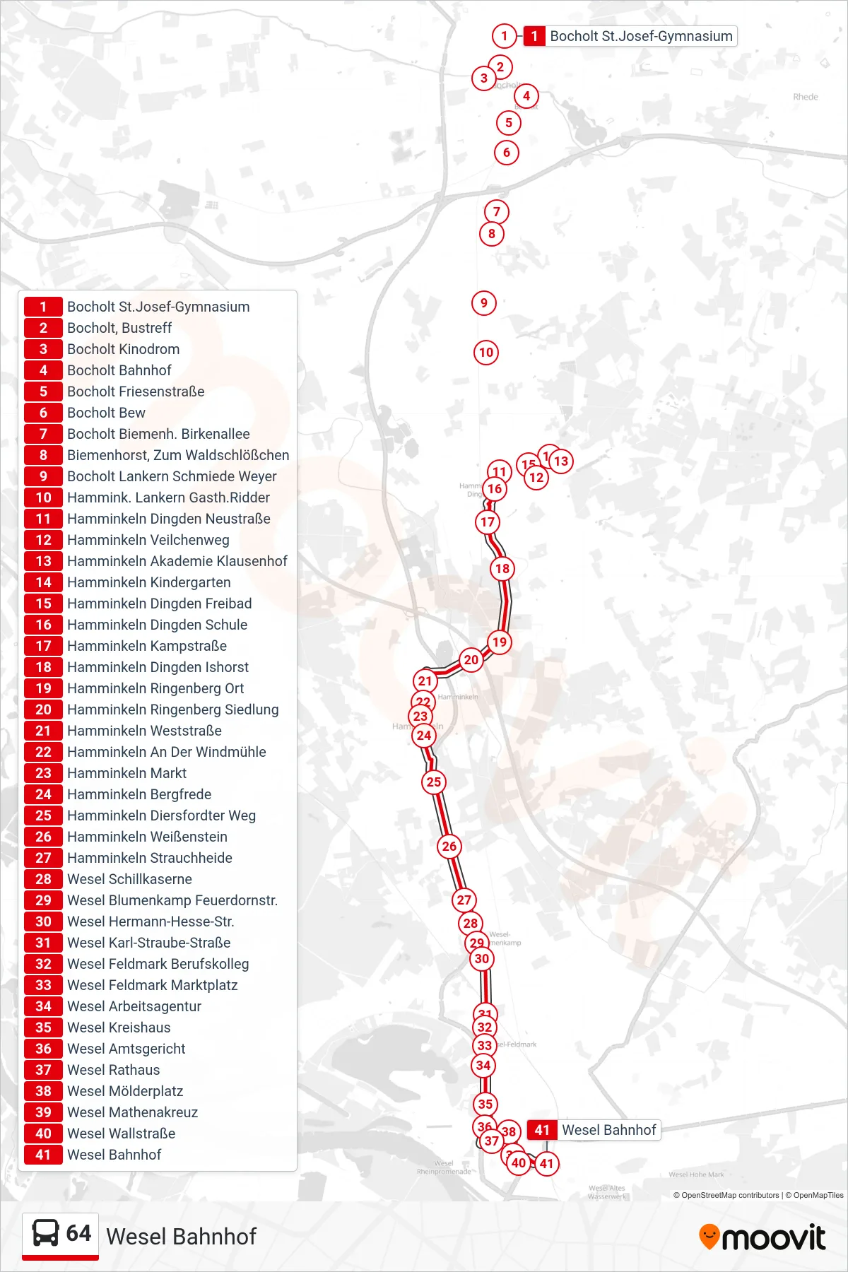 64 bus Line (Wesel Bahnhof) route and stops on a map