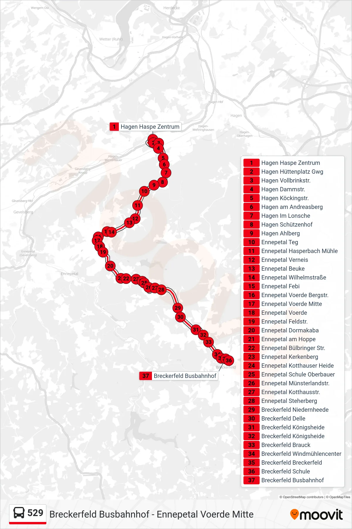 Linie 529 (Bus) Richtung Breckerfeld Busbahnhof: Route und Haltestellen auf der Karte
