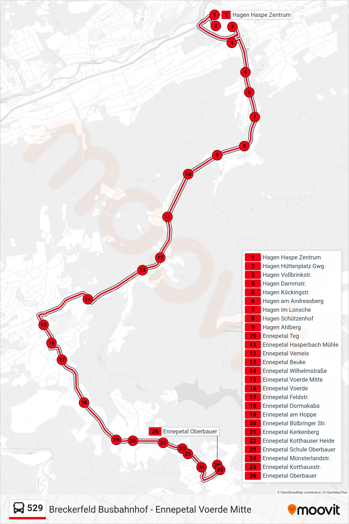 529 bus Line (Ennepetal Oberbauer) route and stops on a map