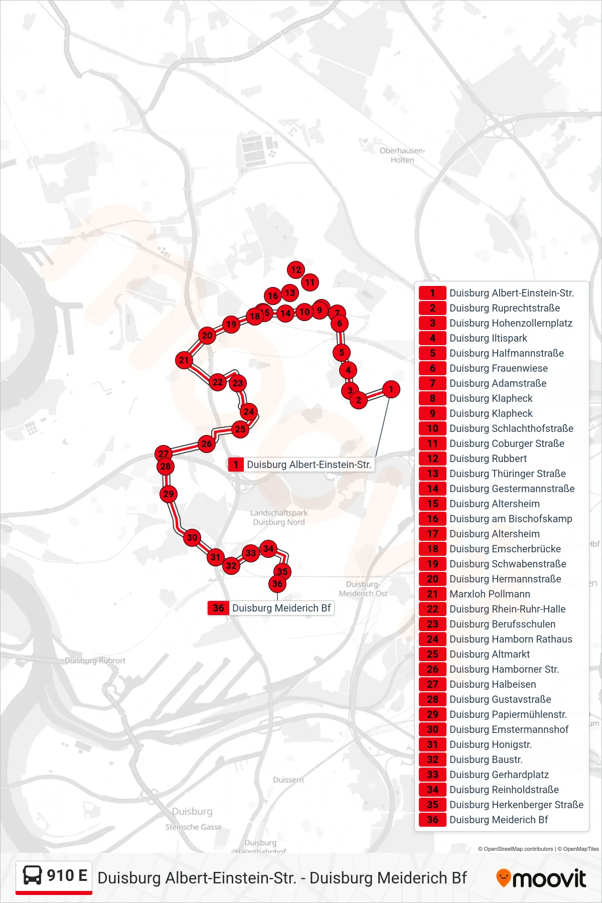 Linie 910 E (Bus) Richtung Duisburg Meiderich Bf: Route und Haltestellen auf der Karte