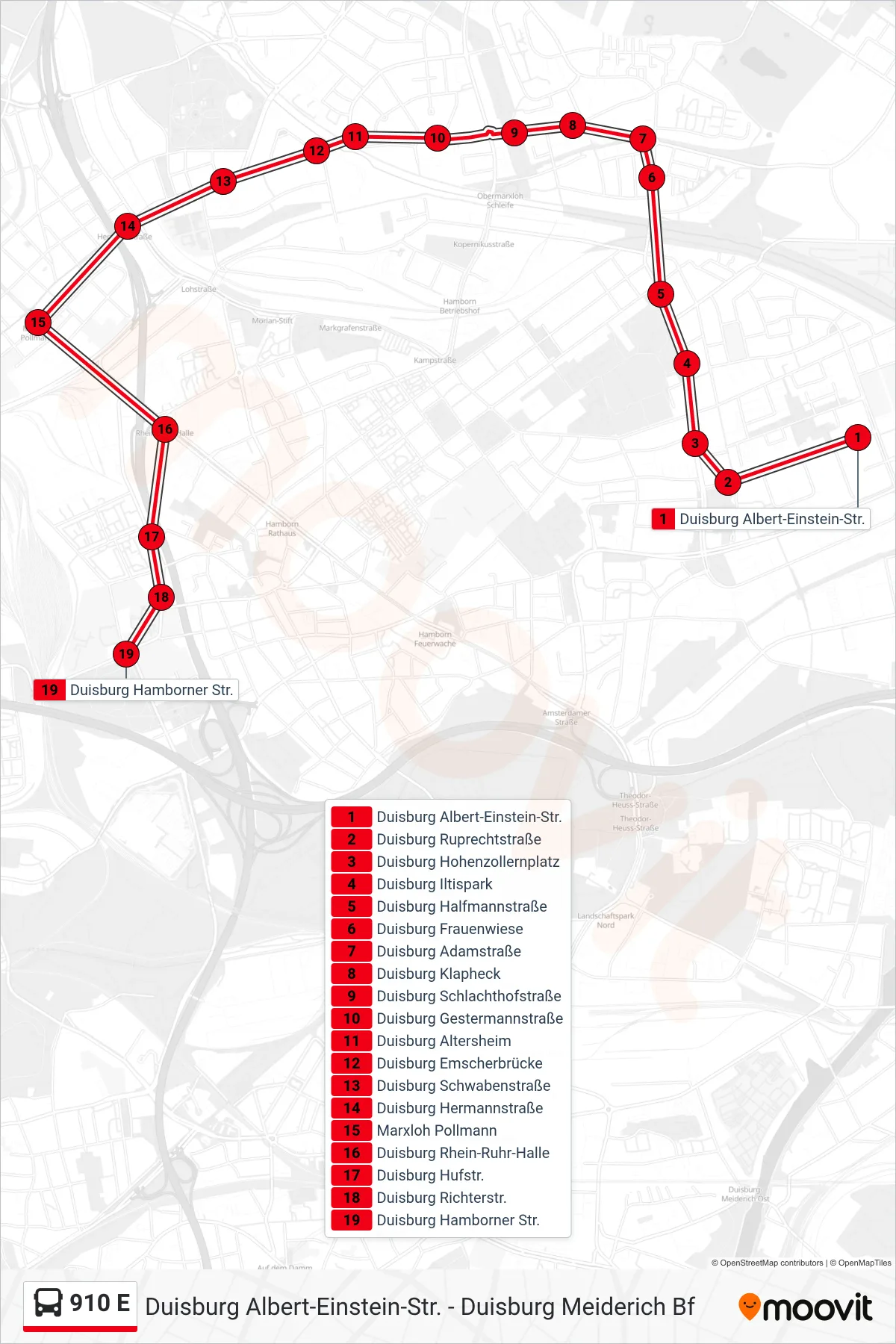 Linie 910 E (Bus) Richtung Duisburg Hamborner Str.: Route und Haltestellen auf der Karte