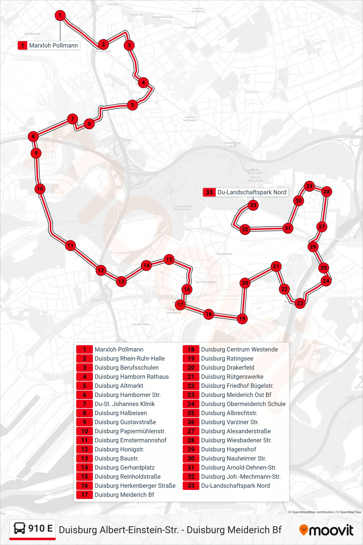 Linie 910 E (Bus) Richtung Du-Landschaftspark Nord: Route und Haltestellen auf der Karte