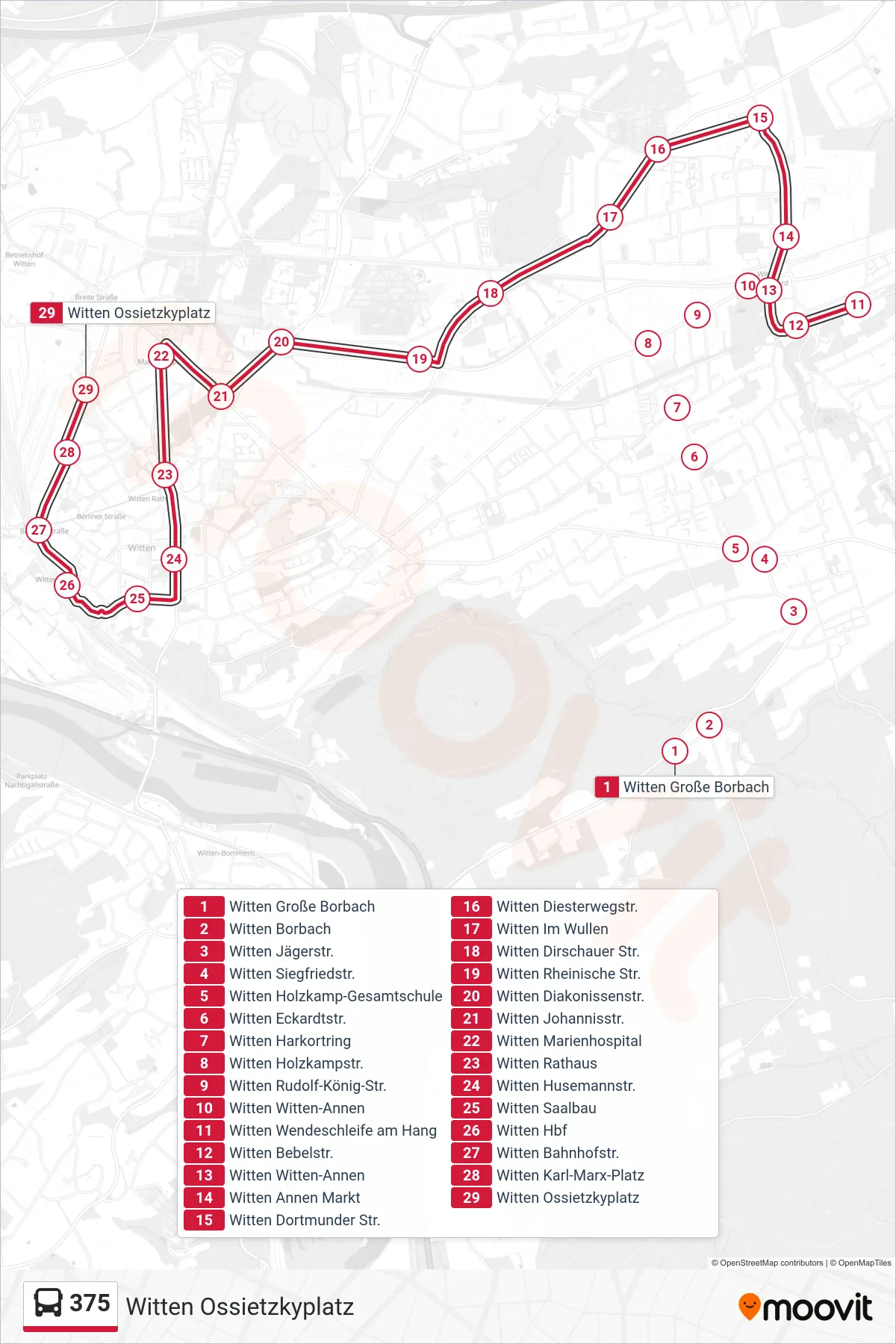 375 bus Line (Witten Ossietzkyplatz) route and stops on a map