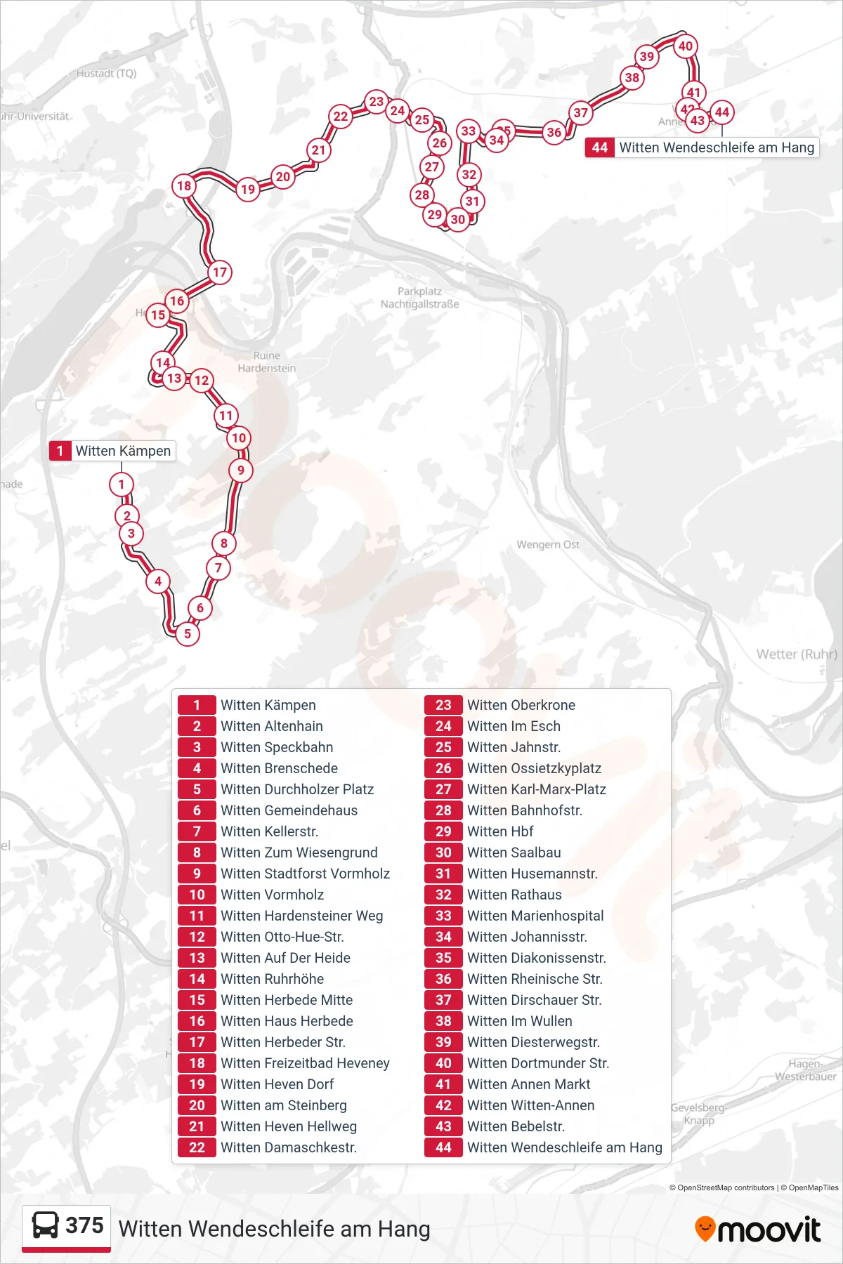 375 bus Line (Witten Wendeschleife am Hang) route and stops on a map