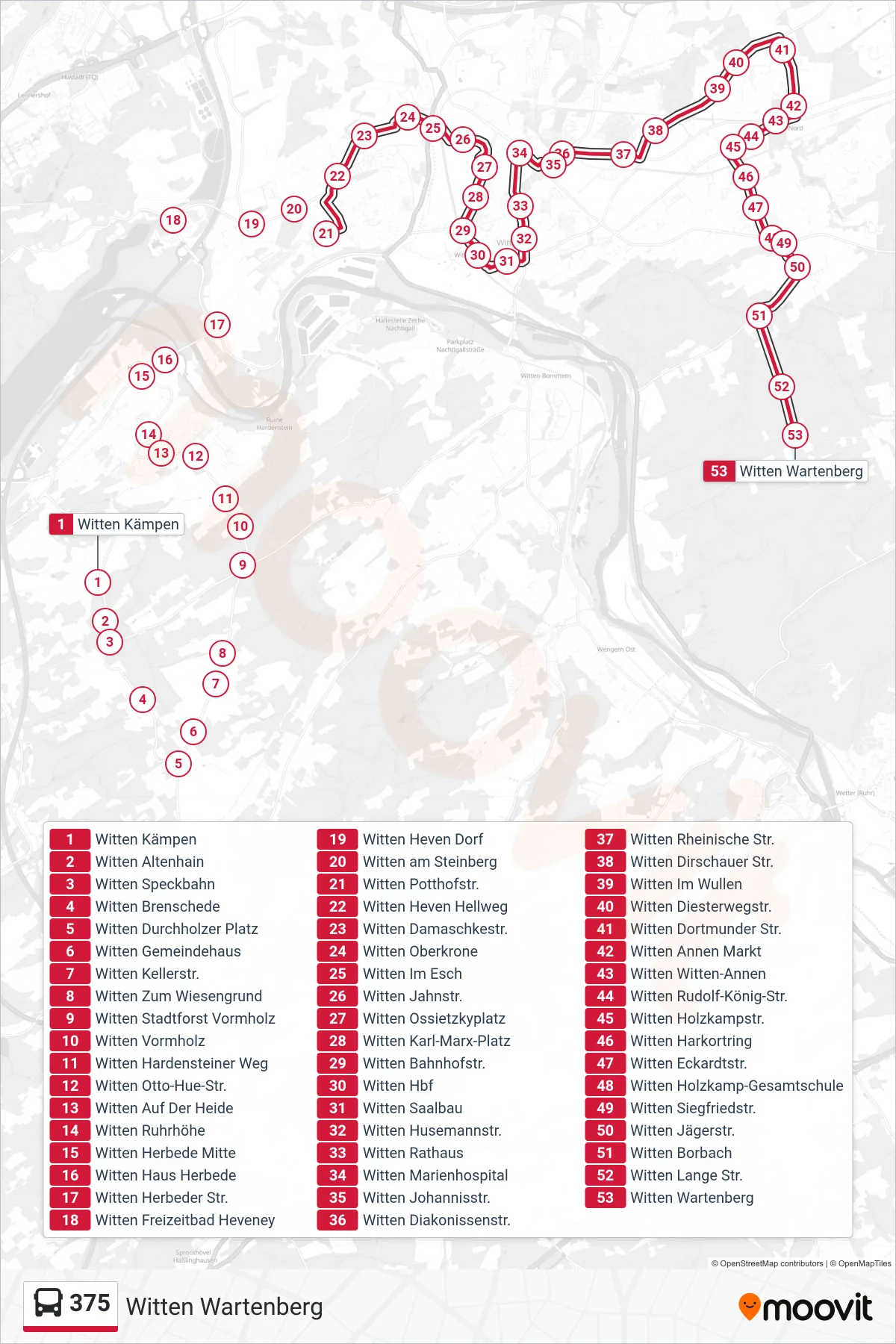 375 bus Line (Witten Wartenberg) route and stops on a map