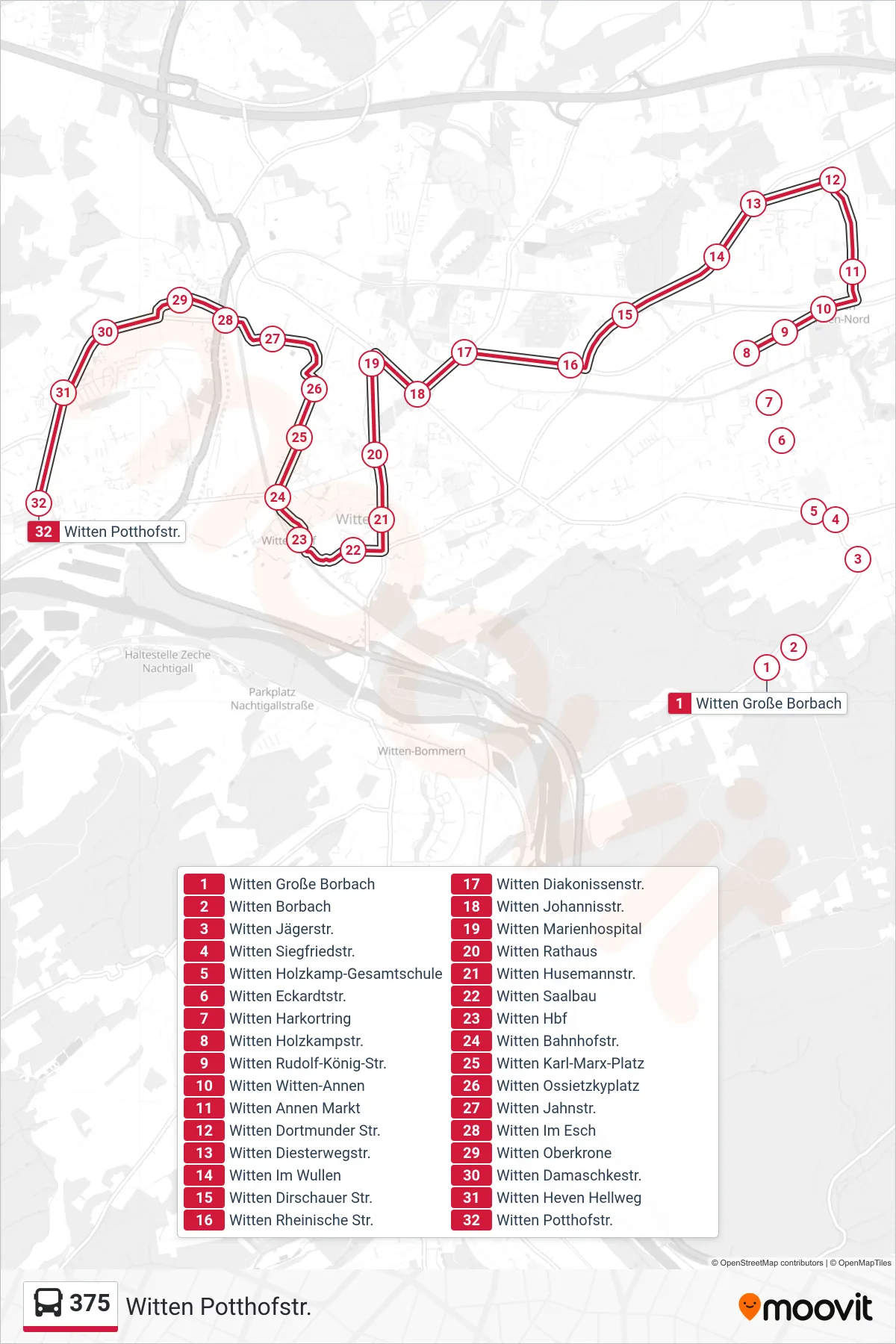 375 bus Line (Witten Potthofstr.) route and stops on a map