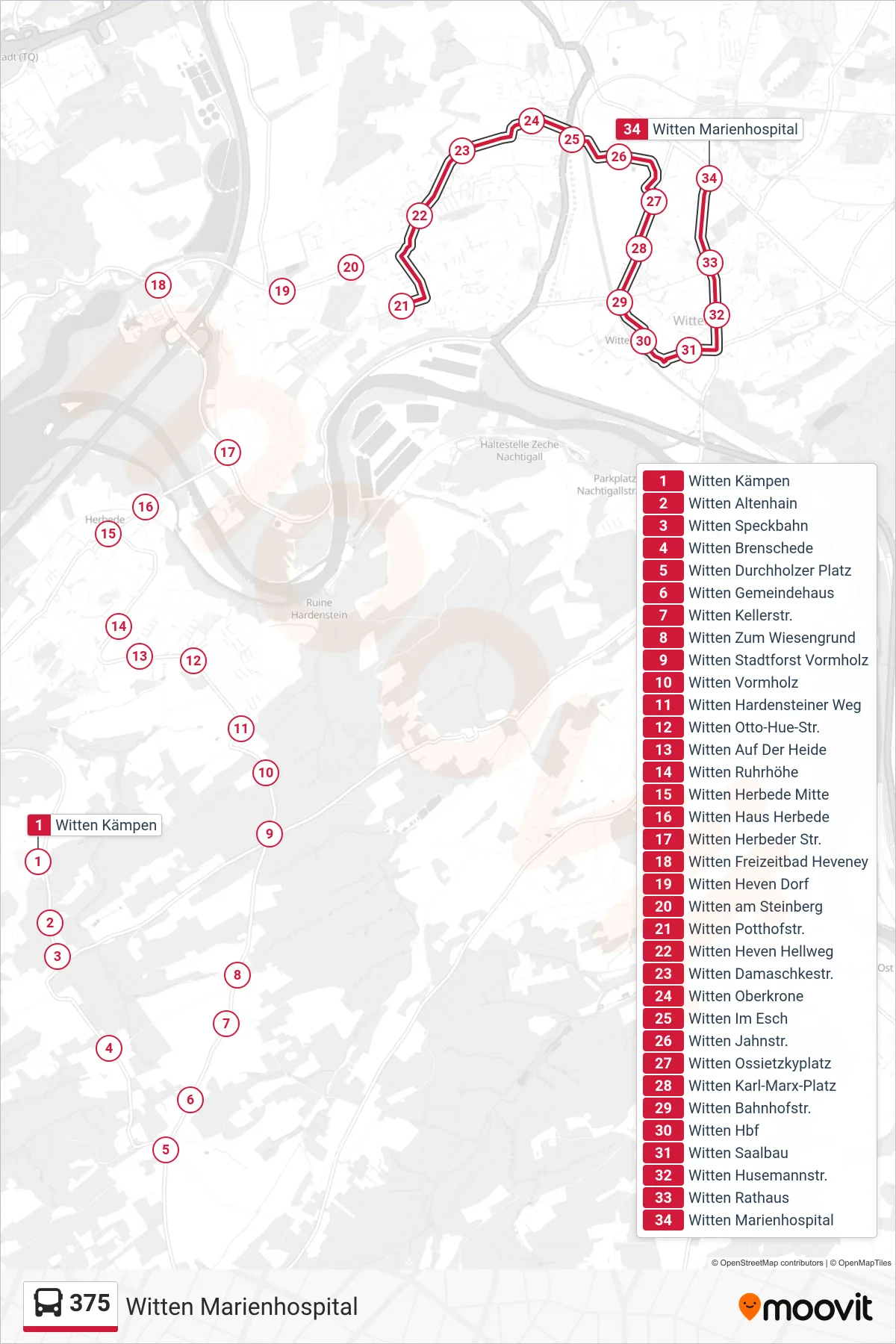 375 bus Line (Witten Marienhospital) route and stops on a map