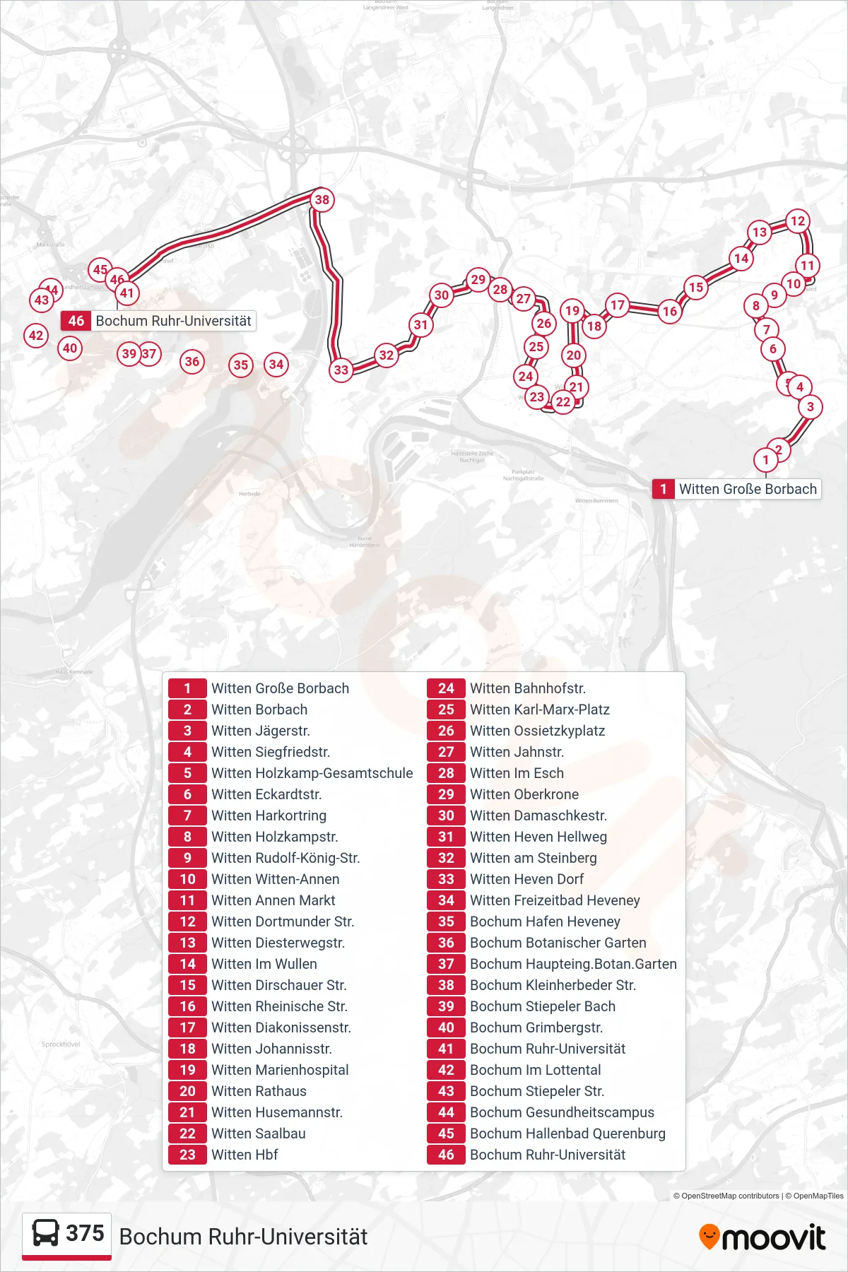 375 bus Line (Bochum Ruhr-Universität) route and stops on a map
