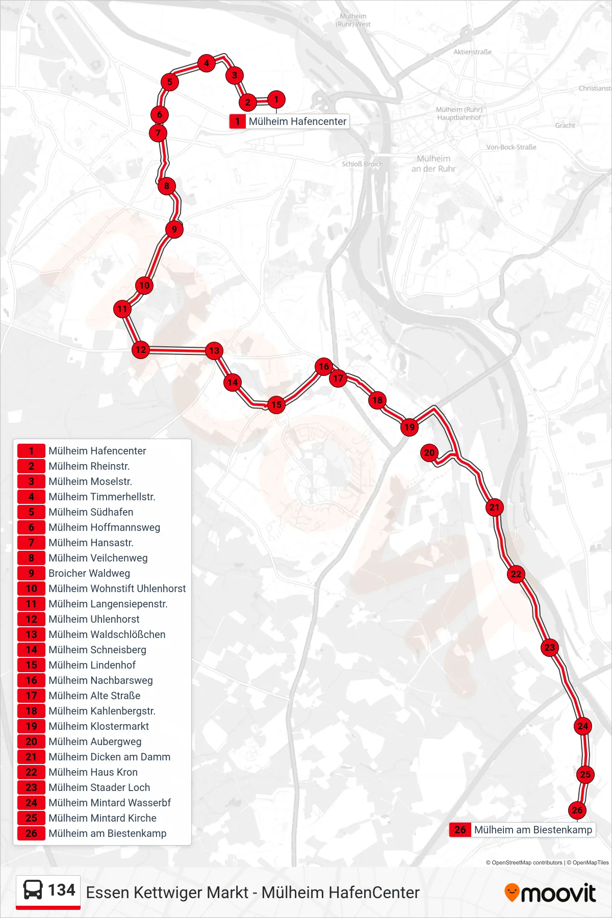 Linie 134 (Bus) Richtung Mülheim am Biestenkamp: Route und Haltestellen auf der Karte