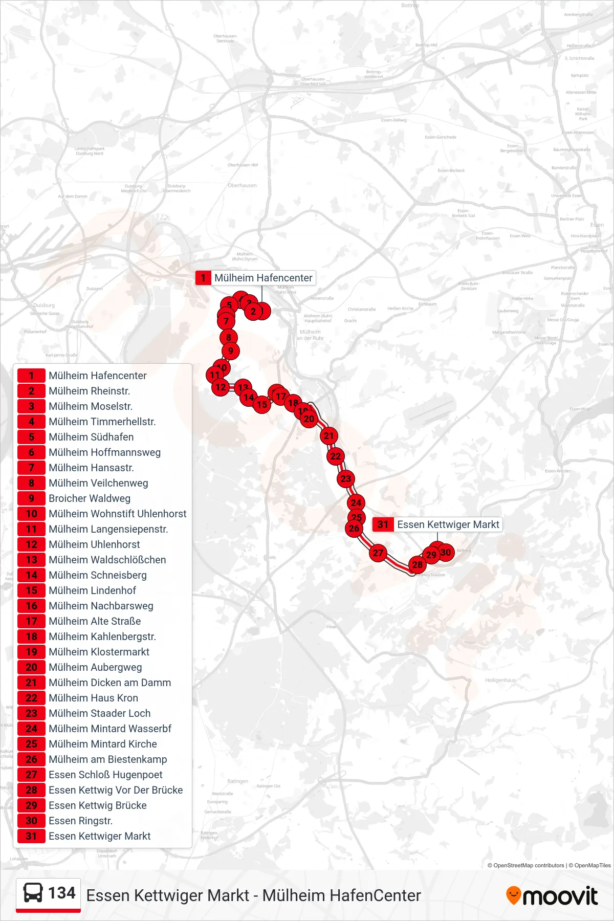 Linie 134 (Bus) Richtung Essen Kettwiger Markt: Route und Haltestellen auf der Karte