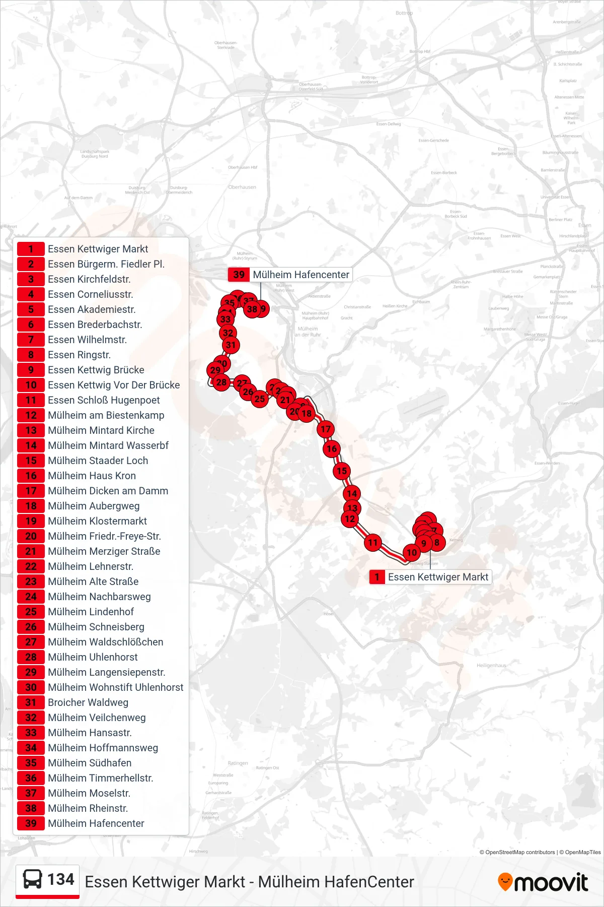 134 bus Line (Mülheim Hafencenter) route and stops on a map