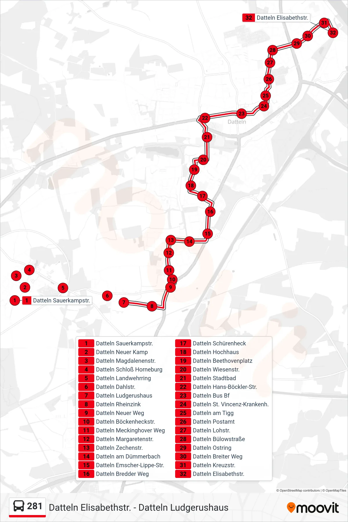 281 bus Line (Datteln Elisabethstr.) route and stops on a map
