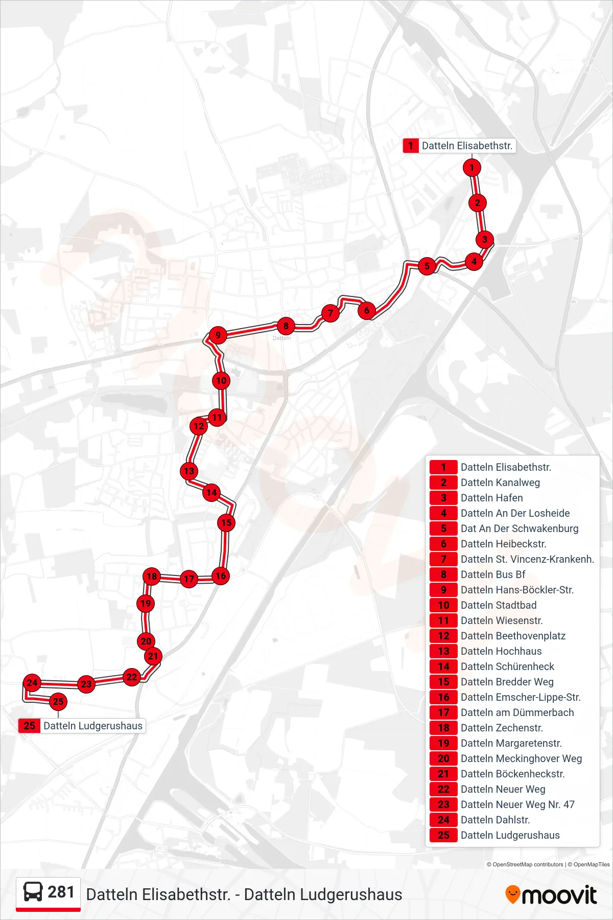 Linie 281 (Bus) Richtung Datteln Ludgerushaus: Route und Haltestellen auf der Karte