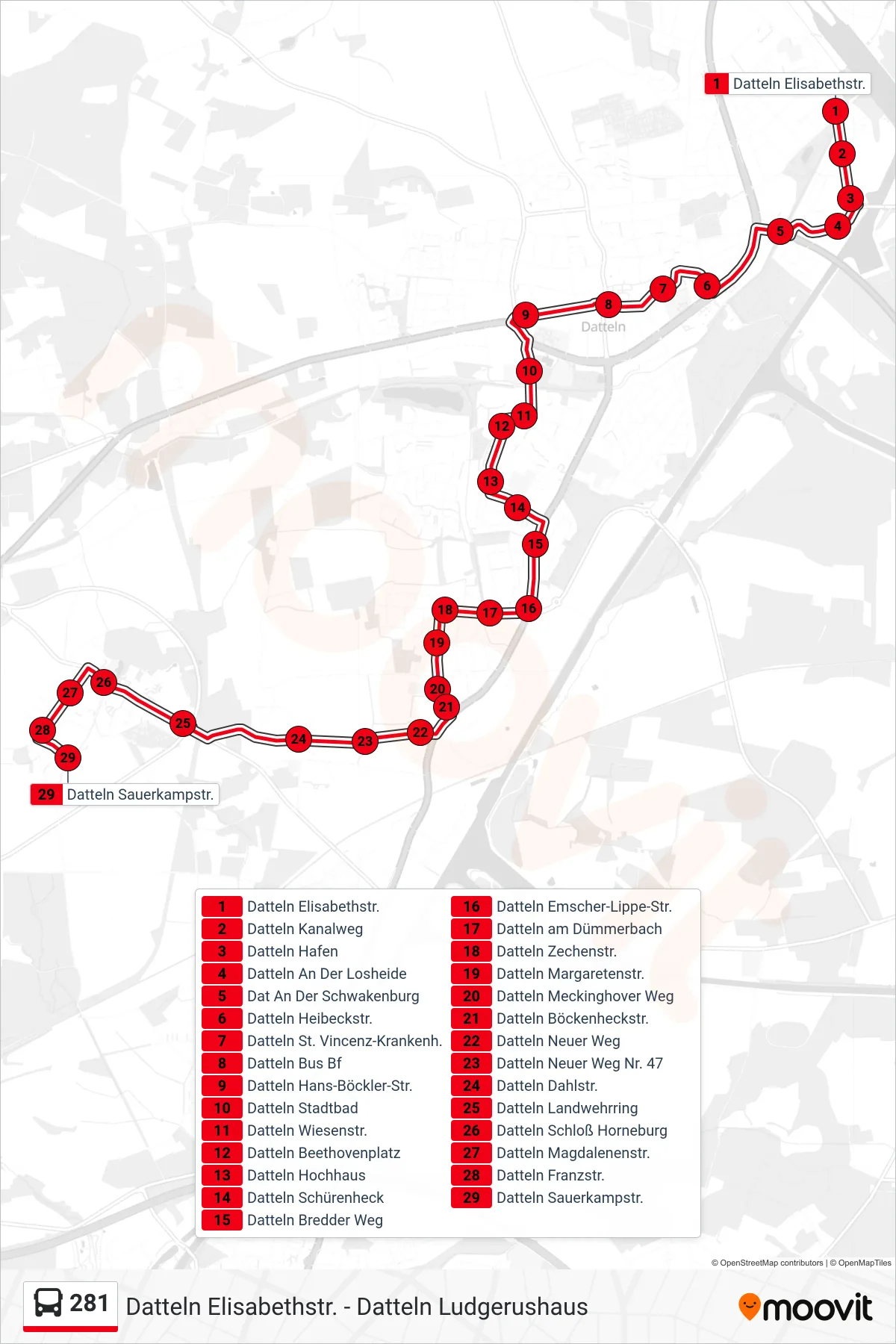 281 bus Line (Datteln Sauerkampstr.) route and stops on a map