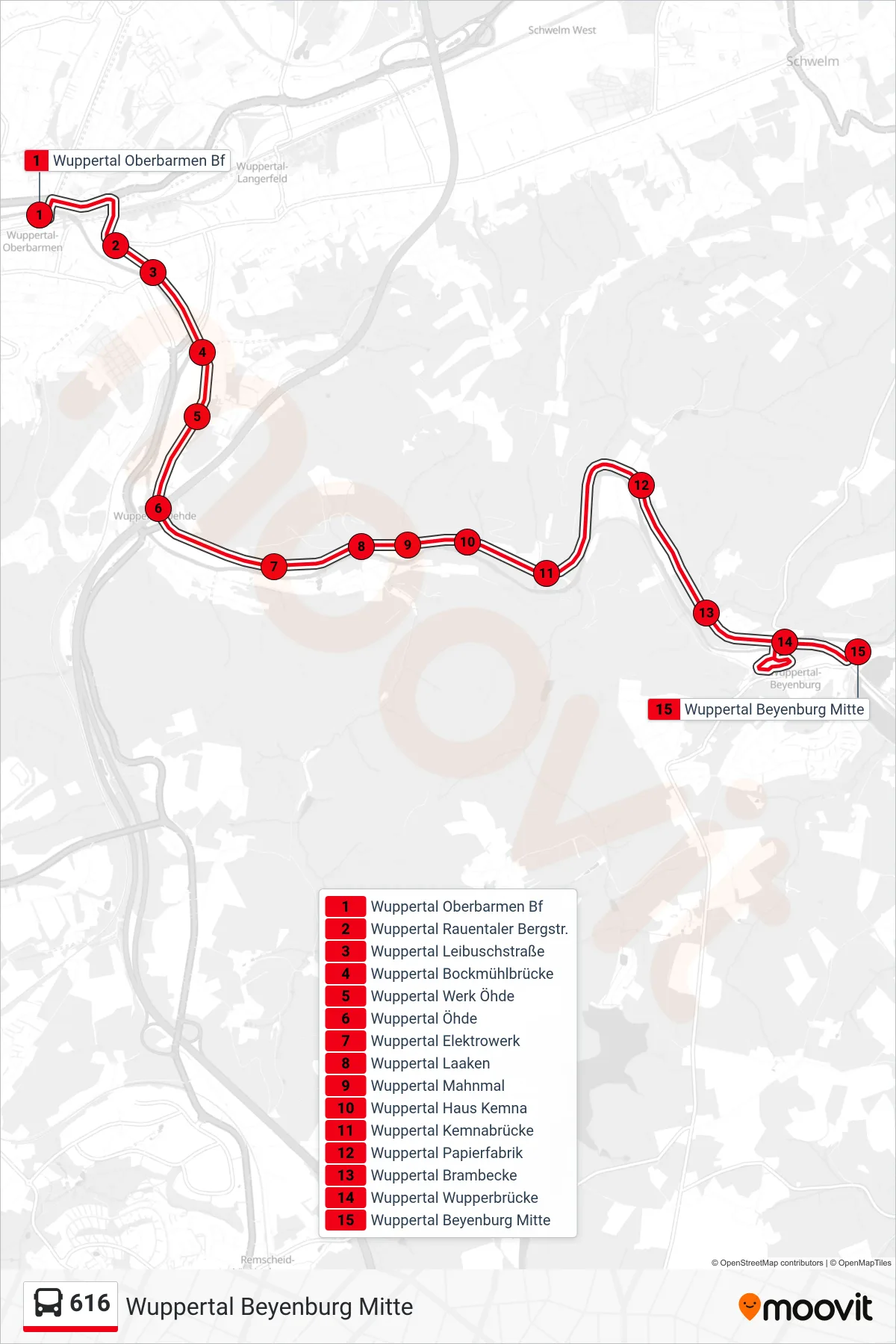 Linie 616 (Bus) Richtung Wuppertal Beyenburg Mitte: Route und Haltestellen auf der Karte