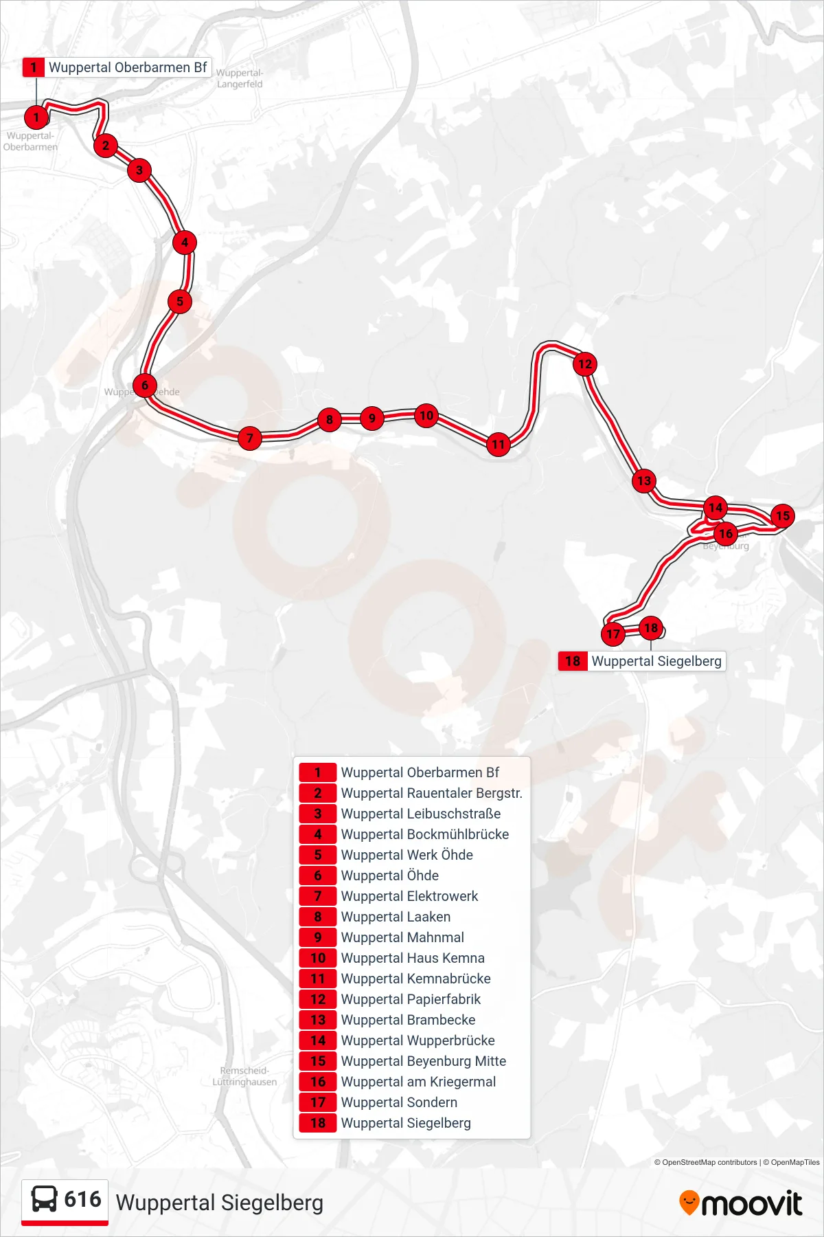 Linie 616 (Bus) Richtung Wuppertal Siegelberg: Route und Haltestellen auf der Karte
