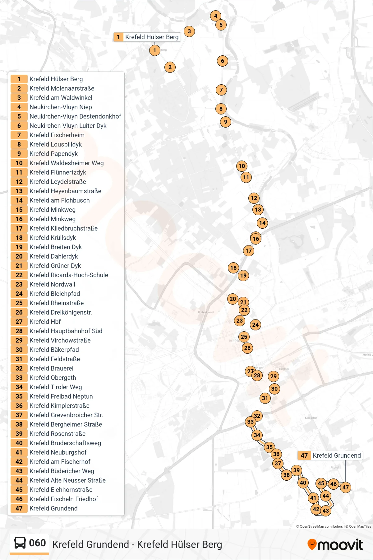 Linie 060 (Bus) Richtung Krefeld Grundend: Route und Haltestellen auf der Karte