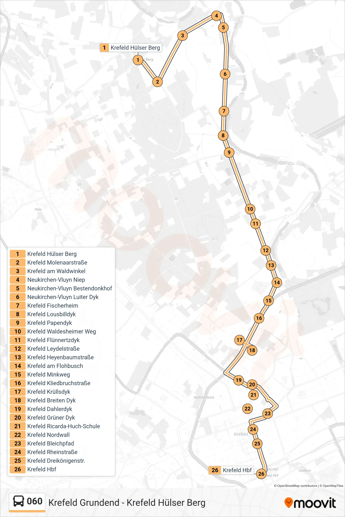 060 bus Line (Krefeld Hbf) route and stops on a map