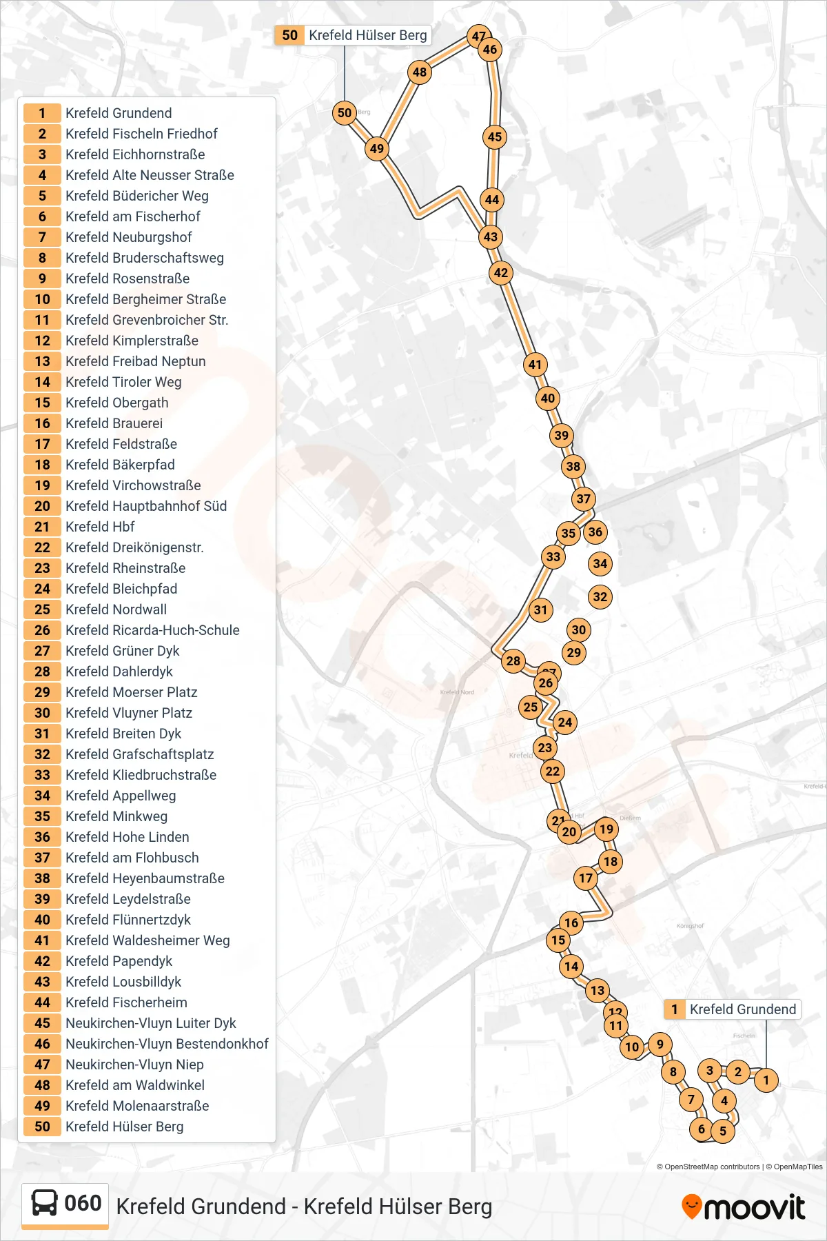 Linie 060 (Bus) Richtung Krefeld Hülser Berg: Route und Haltestellen auf der Karte